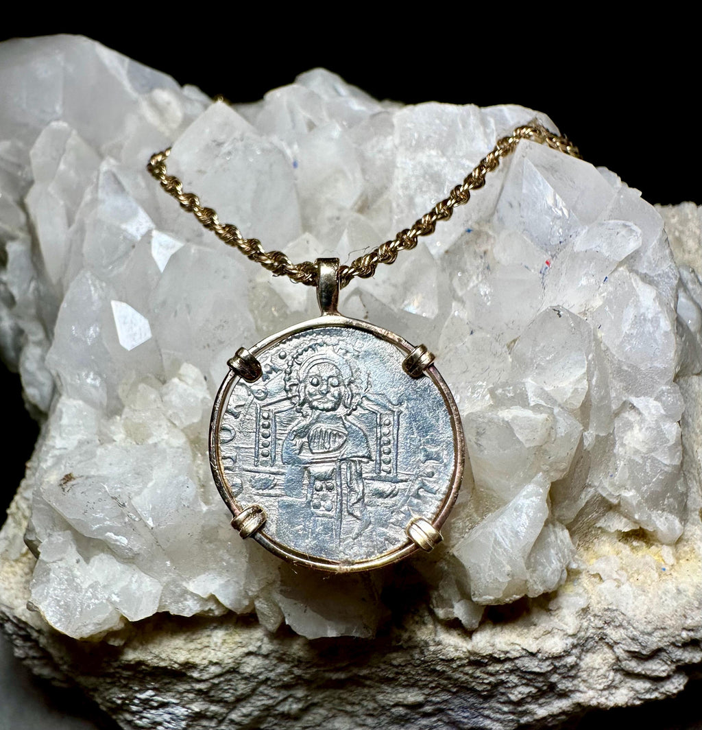 Genuine 14th Cent Jesus Christ and St Mark Coin in hand made 14k gold filled pendant