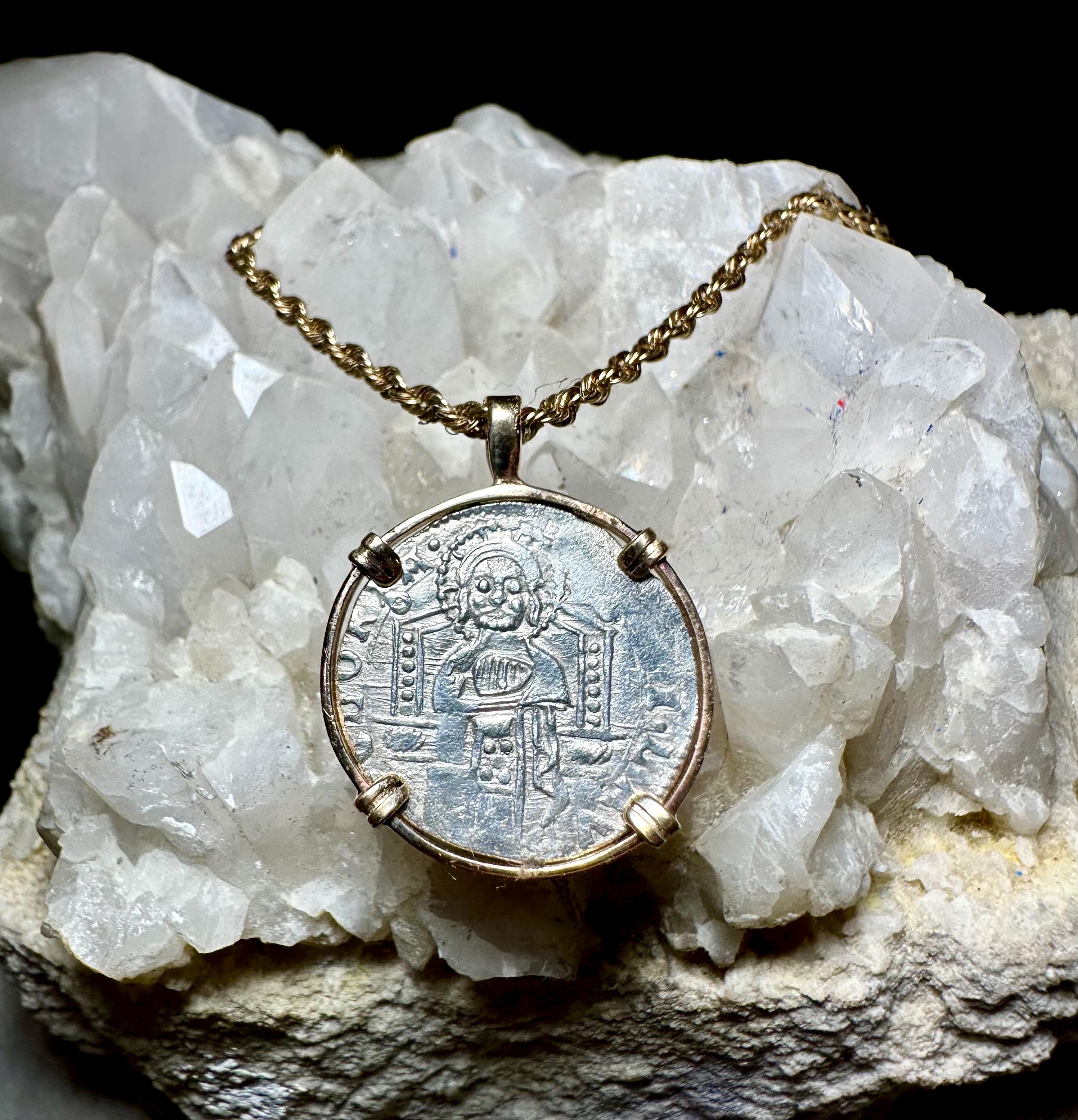 Genuine 14th Cent Jesus Christ and St Mark Coin in hand made 14k gold filled pendant
