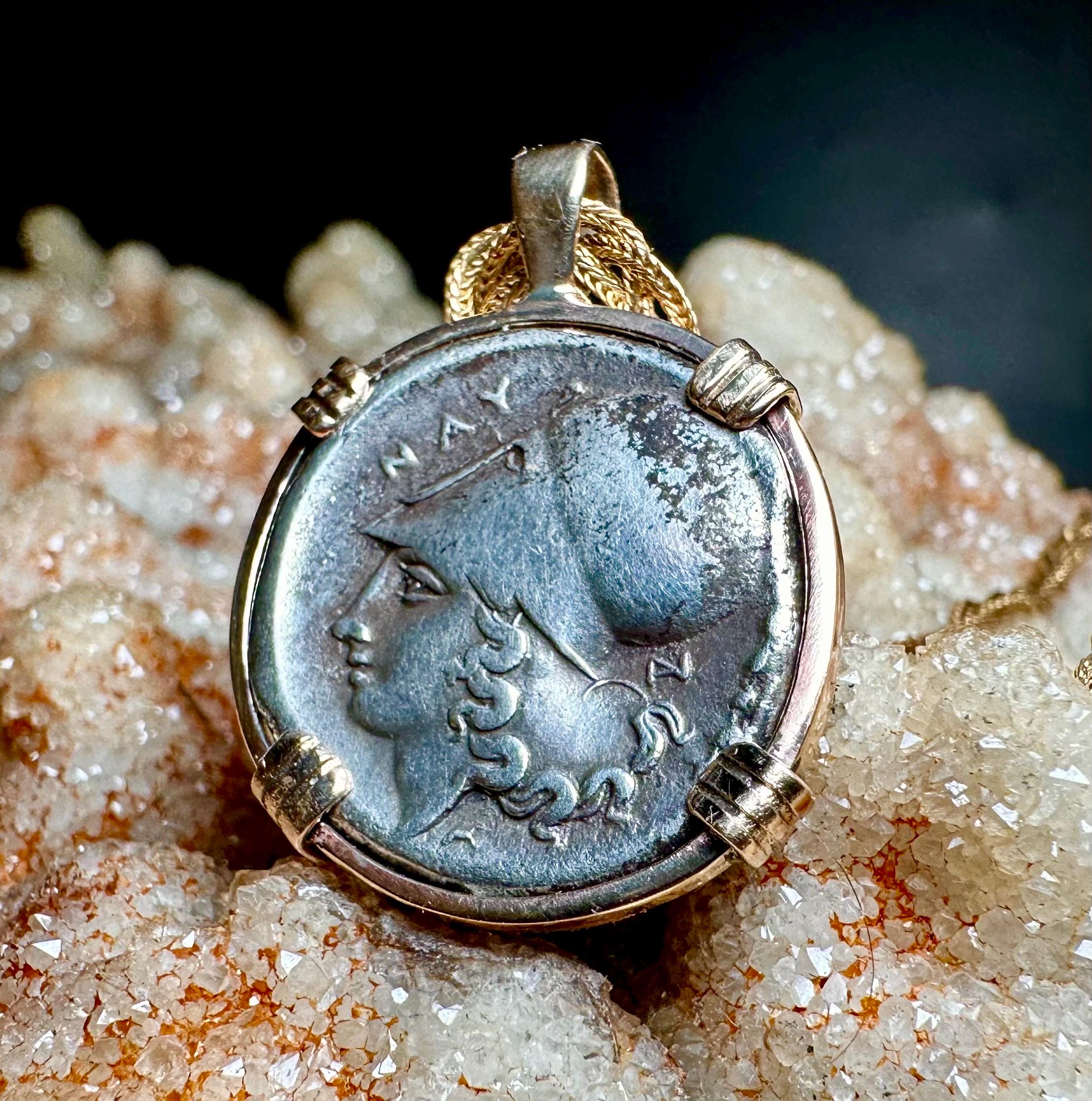 Genuine 350BC Ancient Greek Athena and Pegasus coin in 14k yg filled pendant