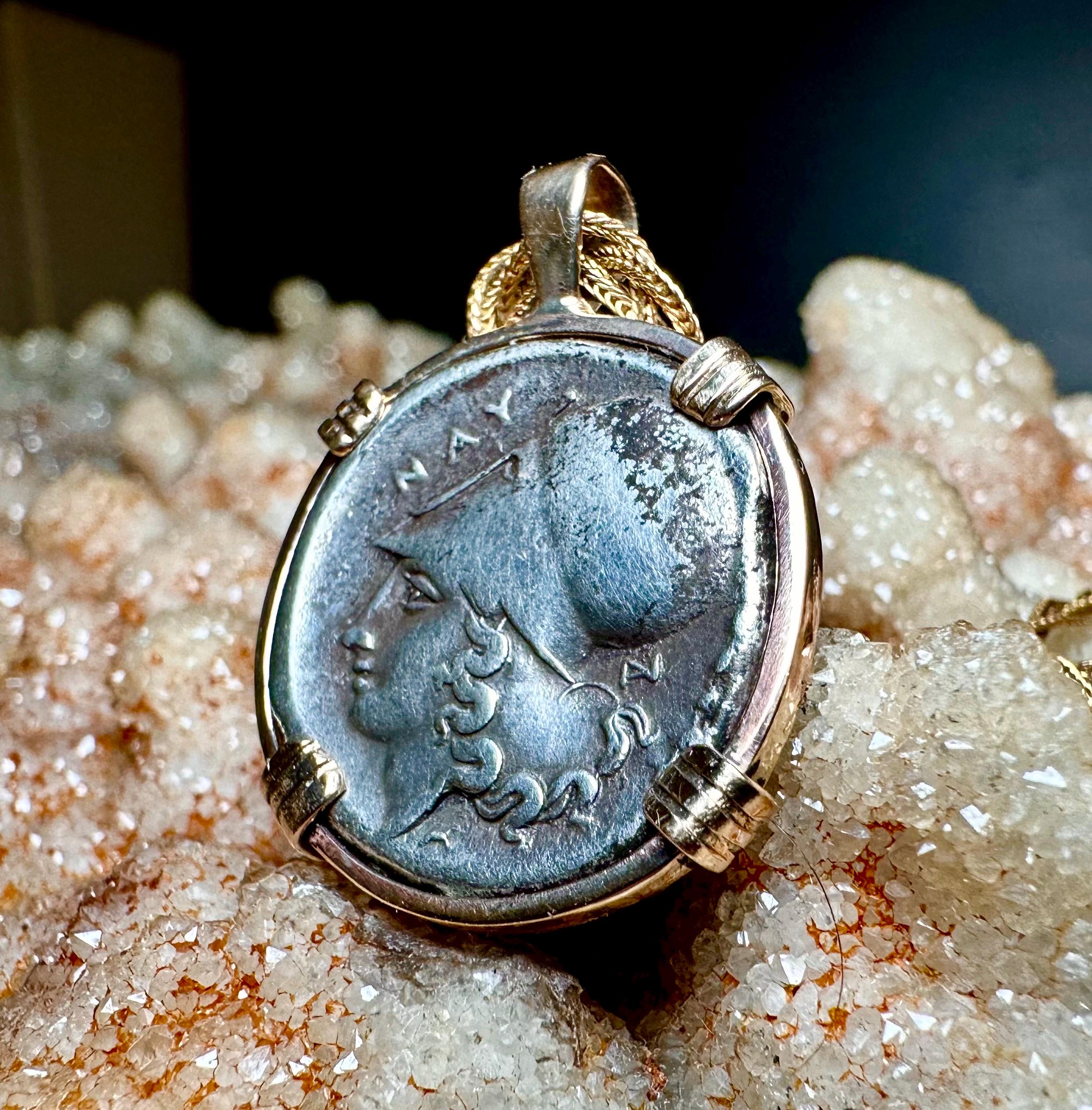 Genuine 350BC Ancient Greek Athena and Pegasus coin in 14k yg filled pendant