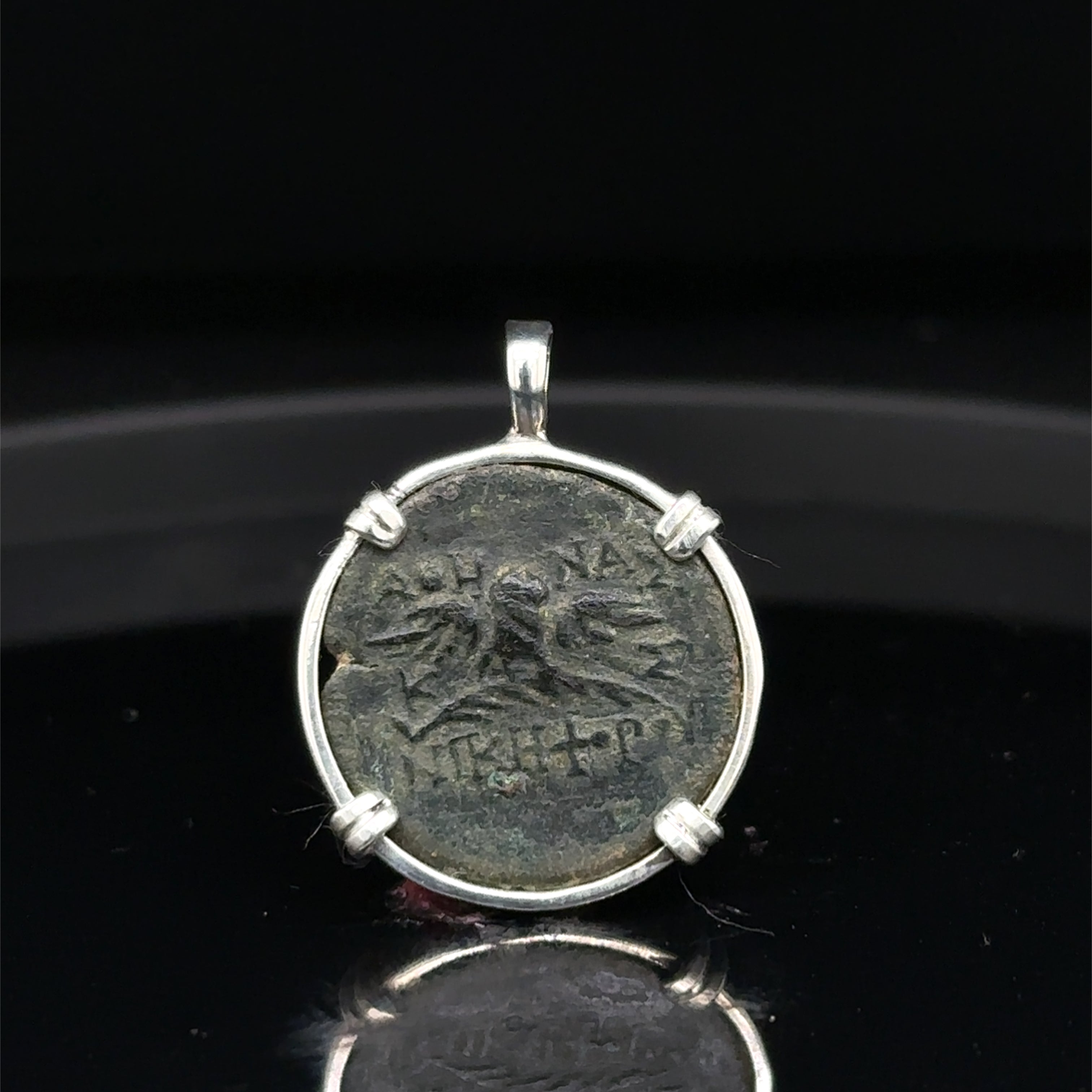 Ancient Greek Owl and Athena coin in sterling silver pendant