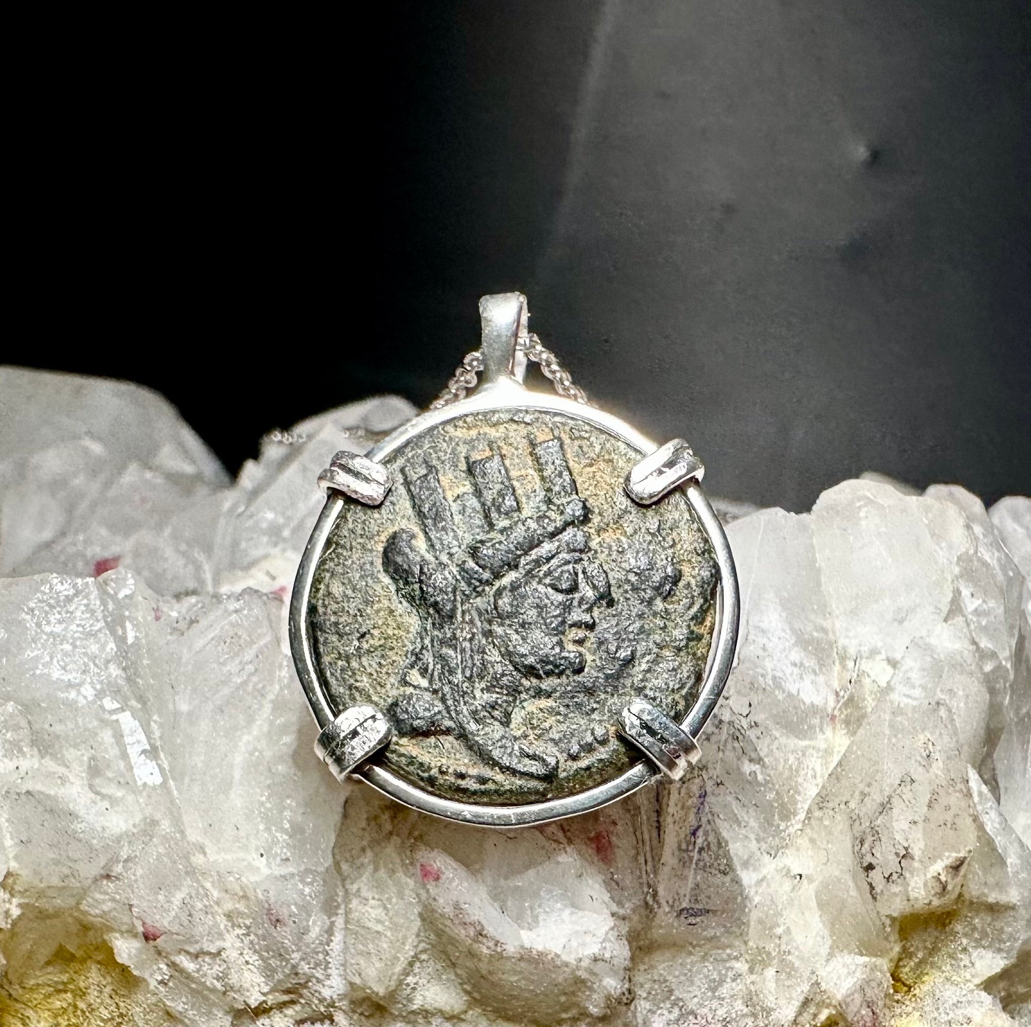 Ancient Greek Tyche (goddess of luck) and Athena coin in sterling silver