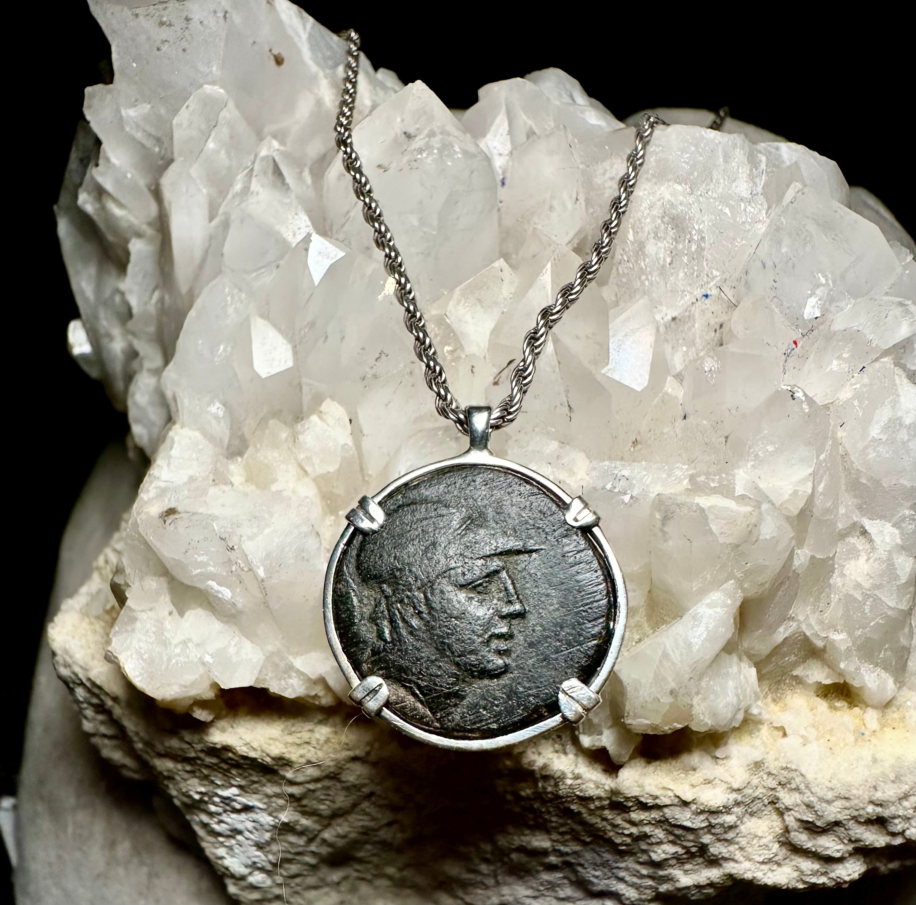 Genuine Ancient Greek Ares God of War and Sword Coin in sterling silver pendant