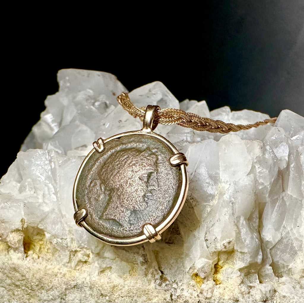 Ancient Greek Persephone and Oak wreath coin in 14k yellow gold filled pendant