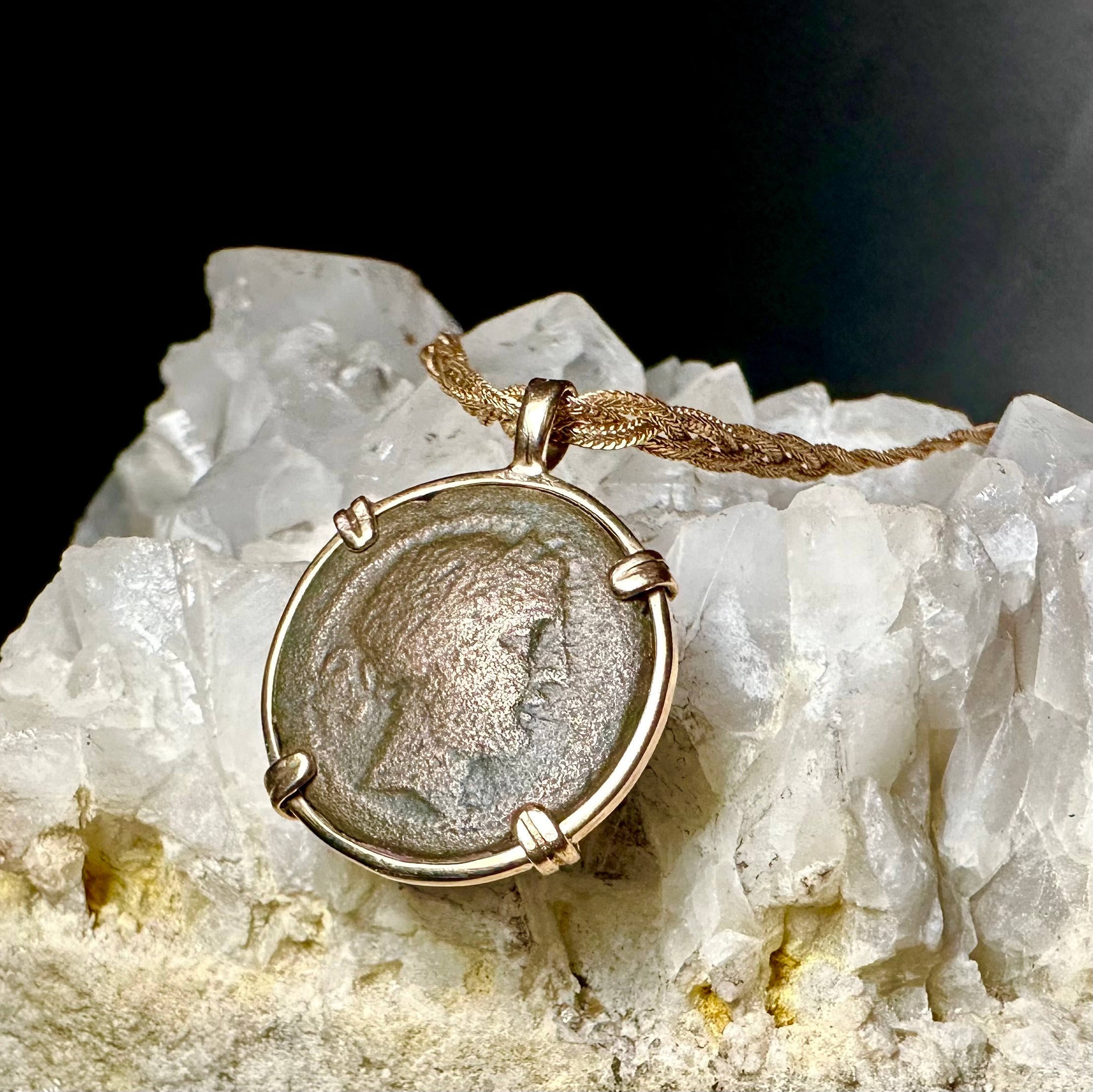 Ancient Greek Persephone and Oak wreath coin in 14k yellow gold filled pendant