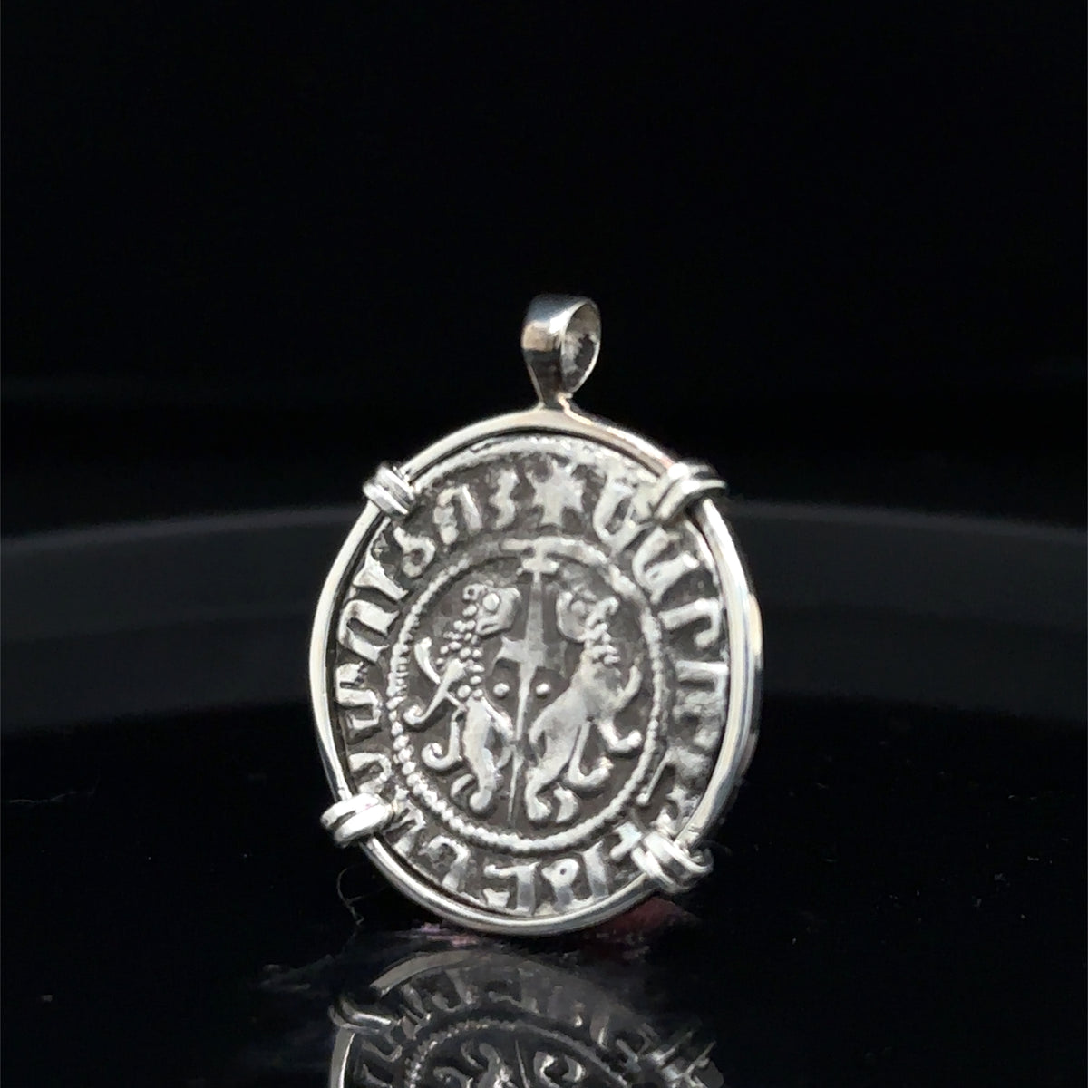 Medieval Christian Lion and Cross coin with “By the Will of God” inscription in sterling silver pendant