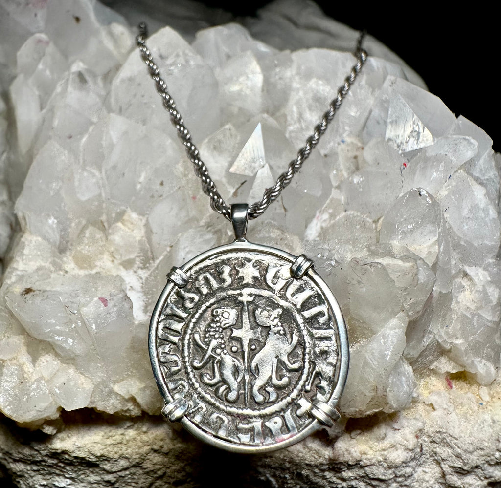 Medieval Christian Lion and Cross coin with “By the Will of God” inscription in sterling silver pendant