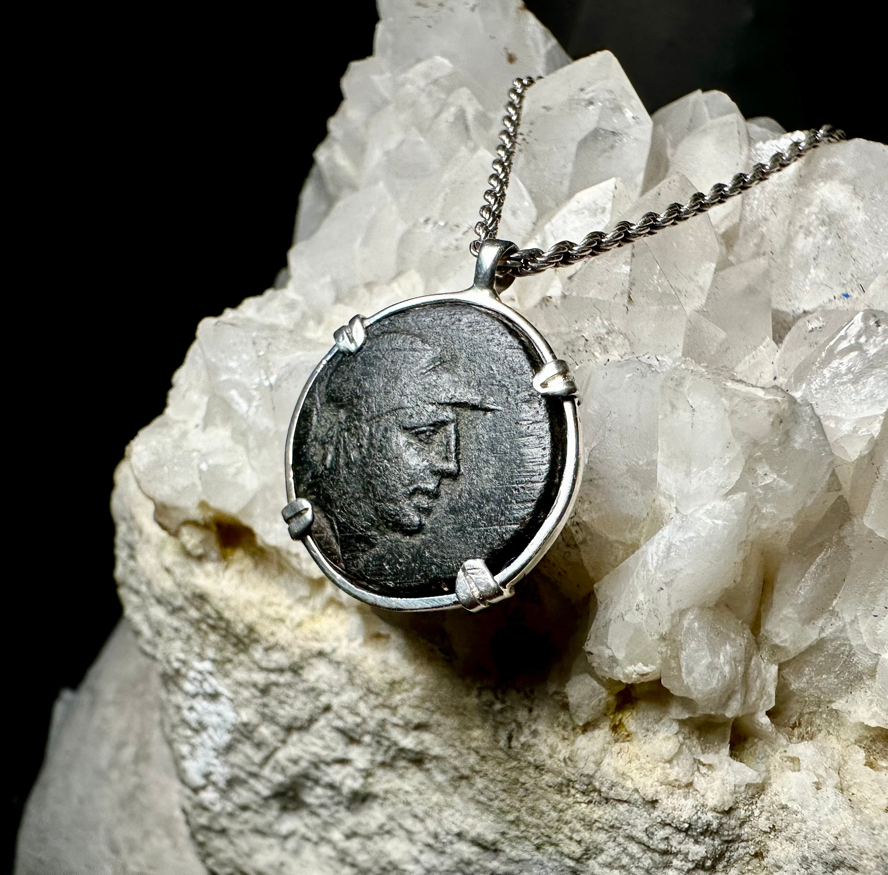 Genuine Ancient Greek Ares God of War and Sword Coin in sterling silver pendant