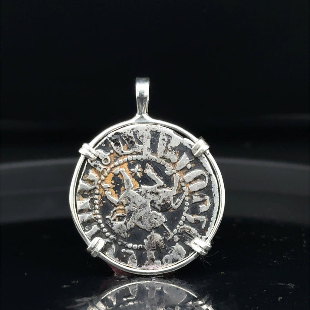 Medieval Christian Lion and Cross Silver Coin in Sterling Silver Pendant