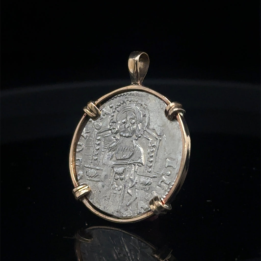Genuine 14th Cent Jesus Christ and St Mark Coin in hand made 14k gold filled pendant