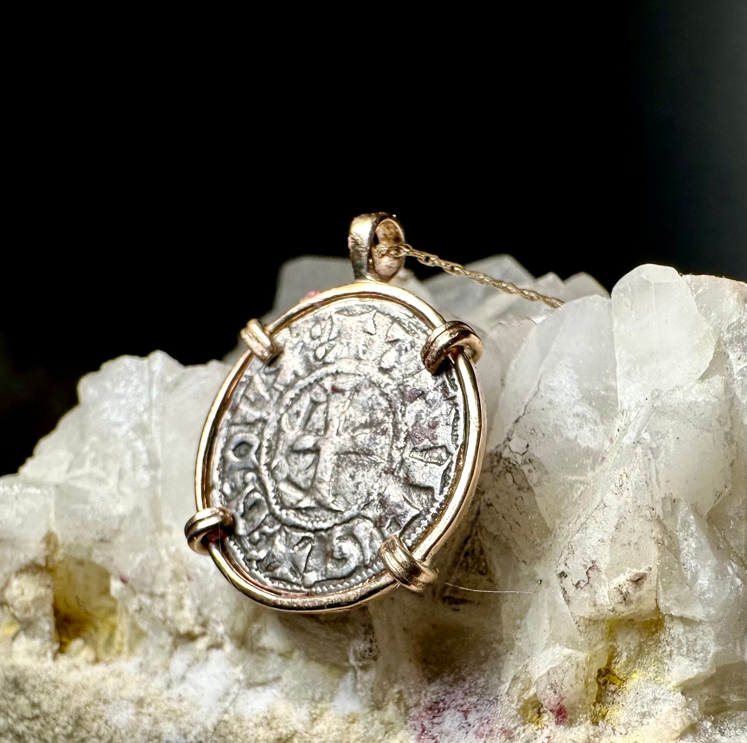 13th century silver Christian Crusader coin in 14k yellow gold filled pendant