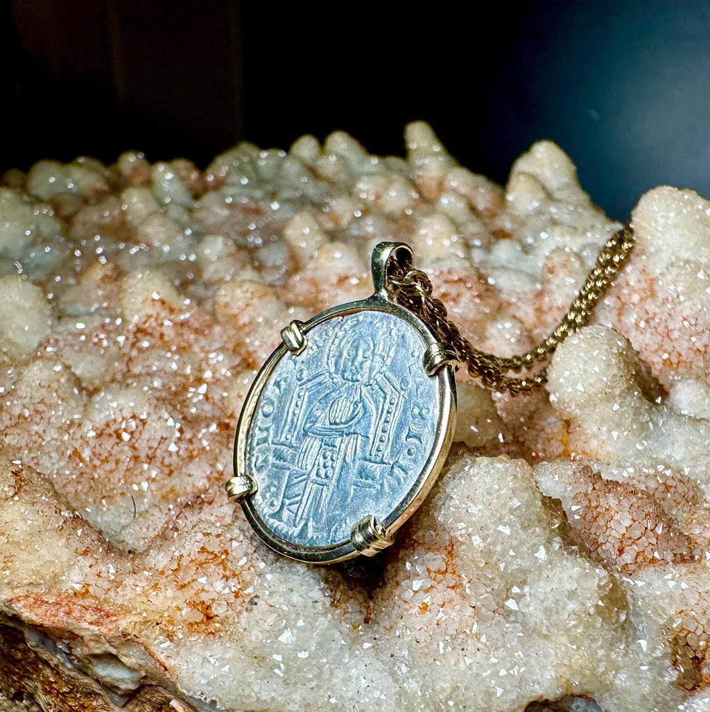 Genuine 14th Cent Jesus Christ and St Mark Coin in hand made solid gold pendant