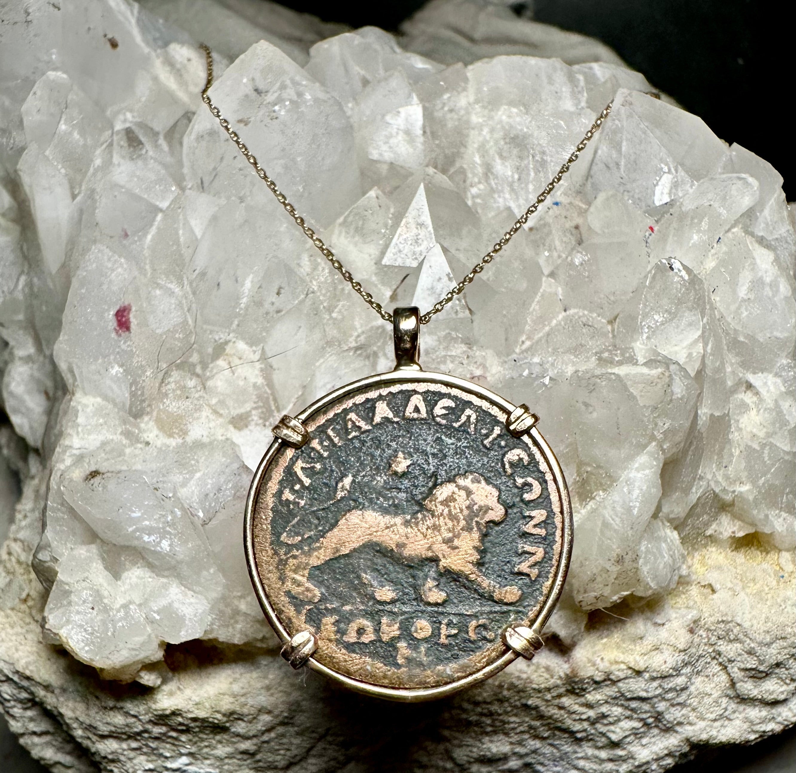 Ancient Roman lion coin in 14k yellow gold filled pendant