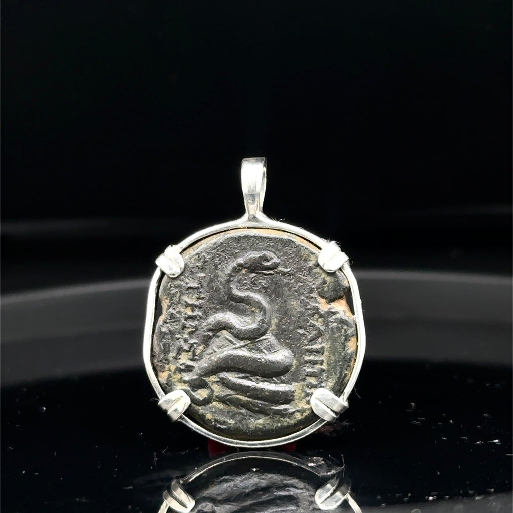 Ancient Greek Zeus and Serpent coin in sterling silver pendant