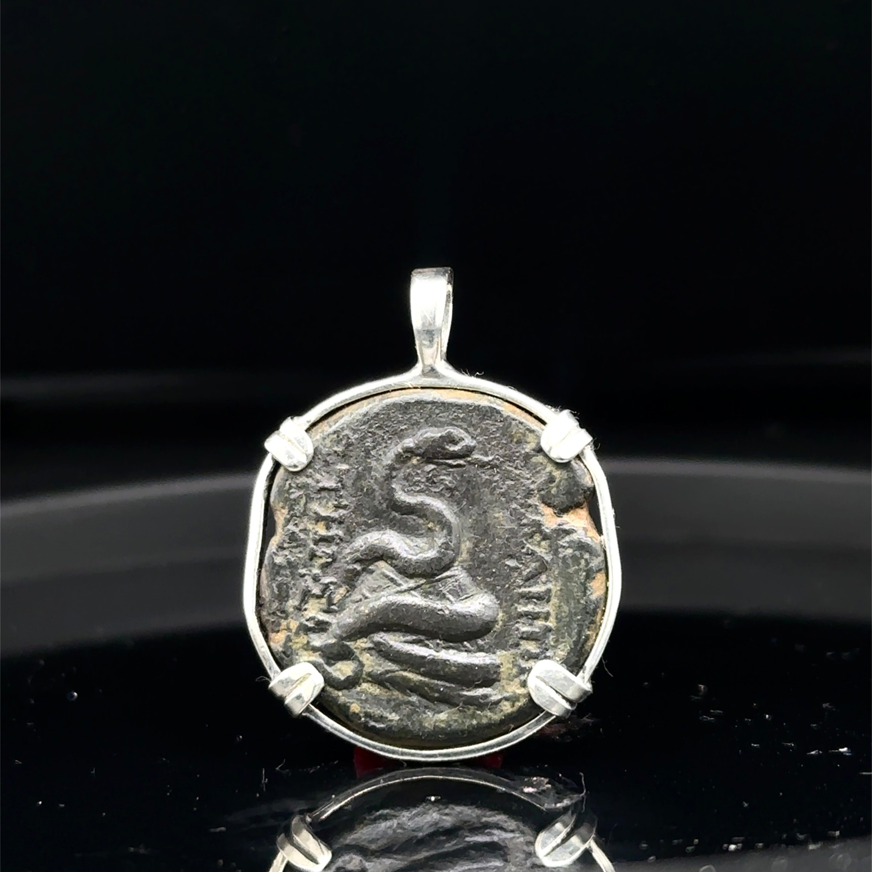 Ancient Greek Zeus and Serpent coin in sterling silver pendant
