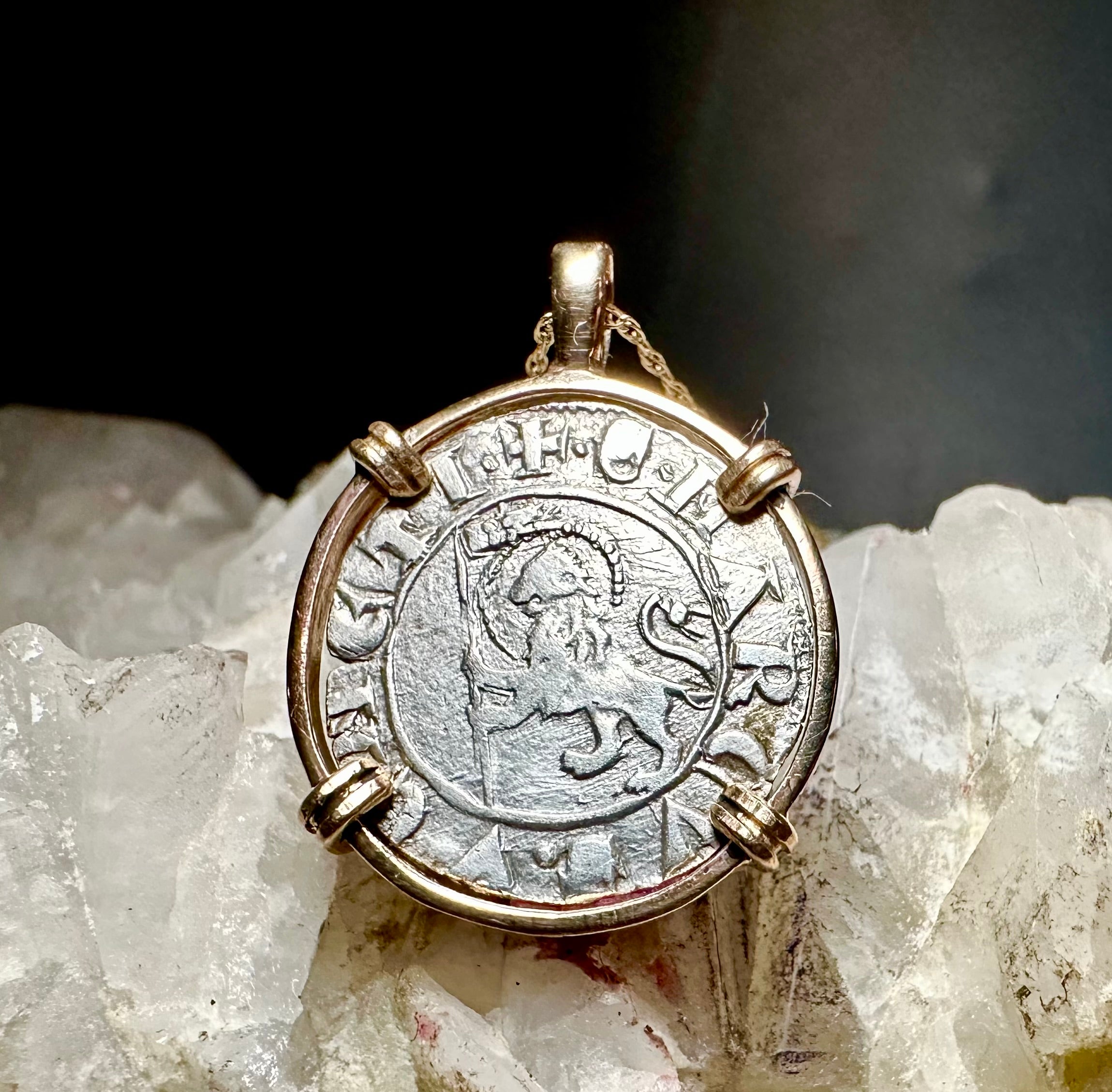 14th Century Italian Christian Lion of St Mark coin in 14k yellow gold filled pendant