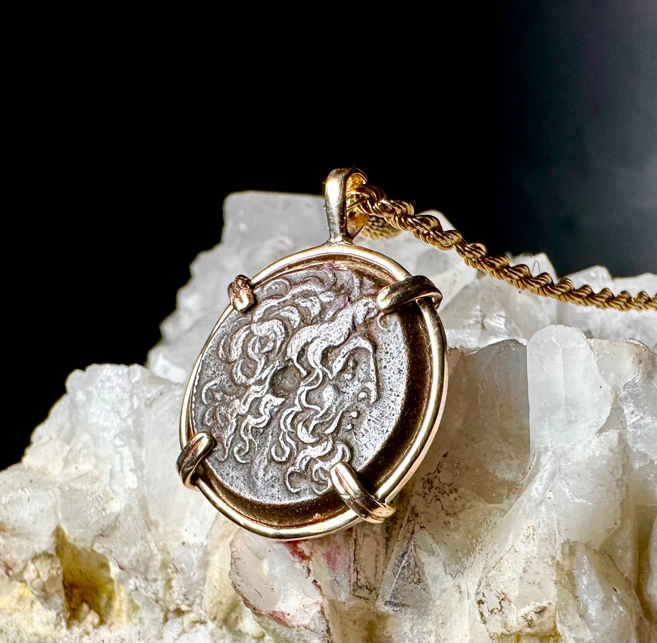 Ancient Egyptian coin of Zeus Ammon and Twin Eagles in 14k yellow gold filled pendant