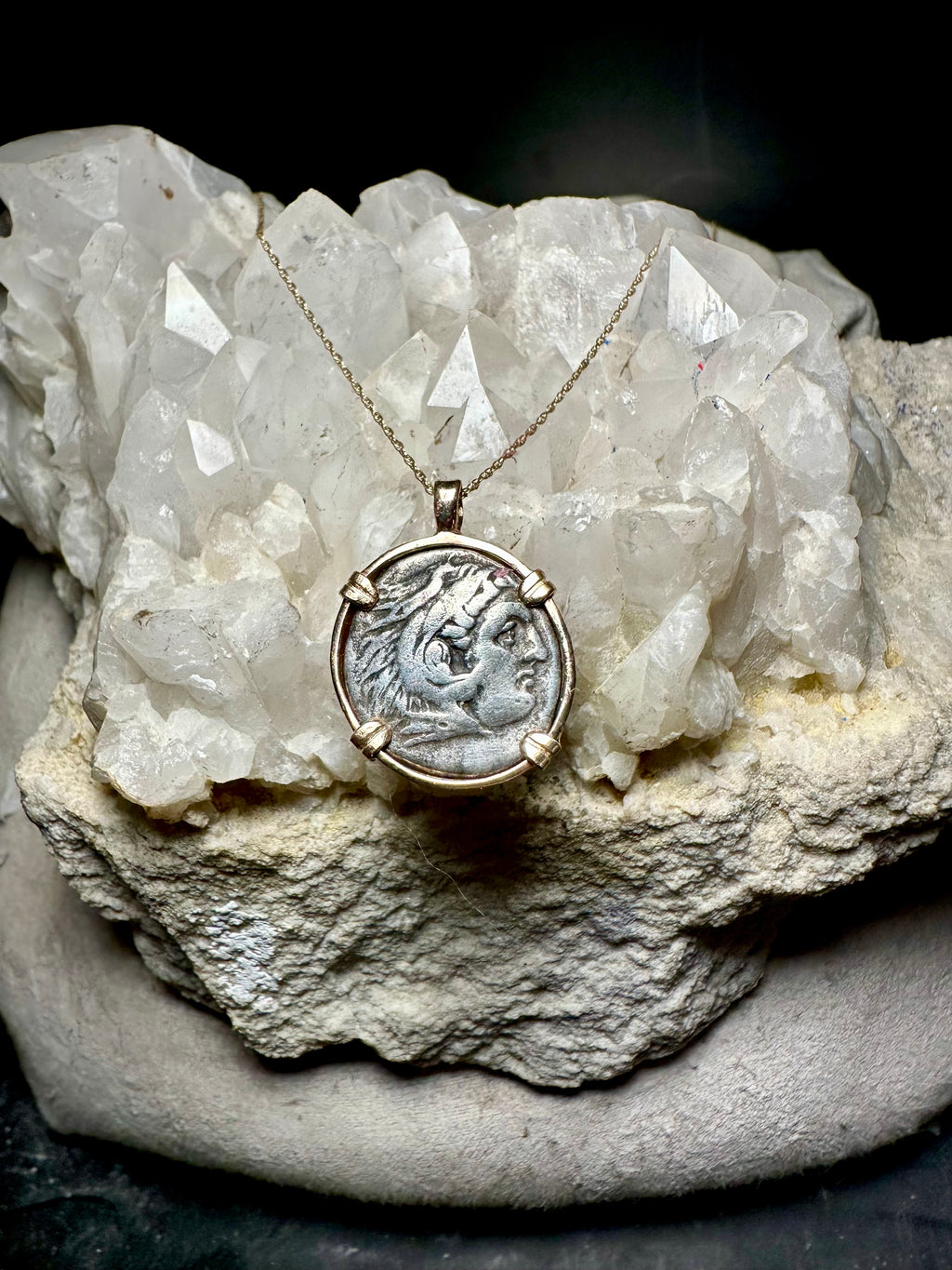 Alexander the Great silver Drachm in 14k yellow gold filled pendant