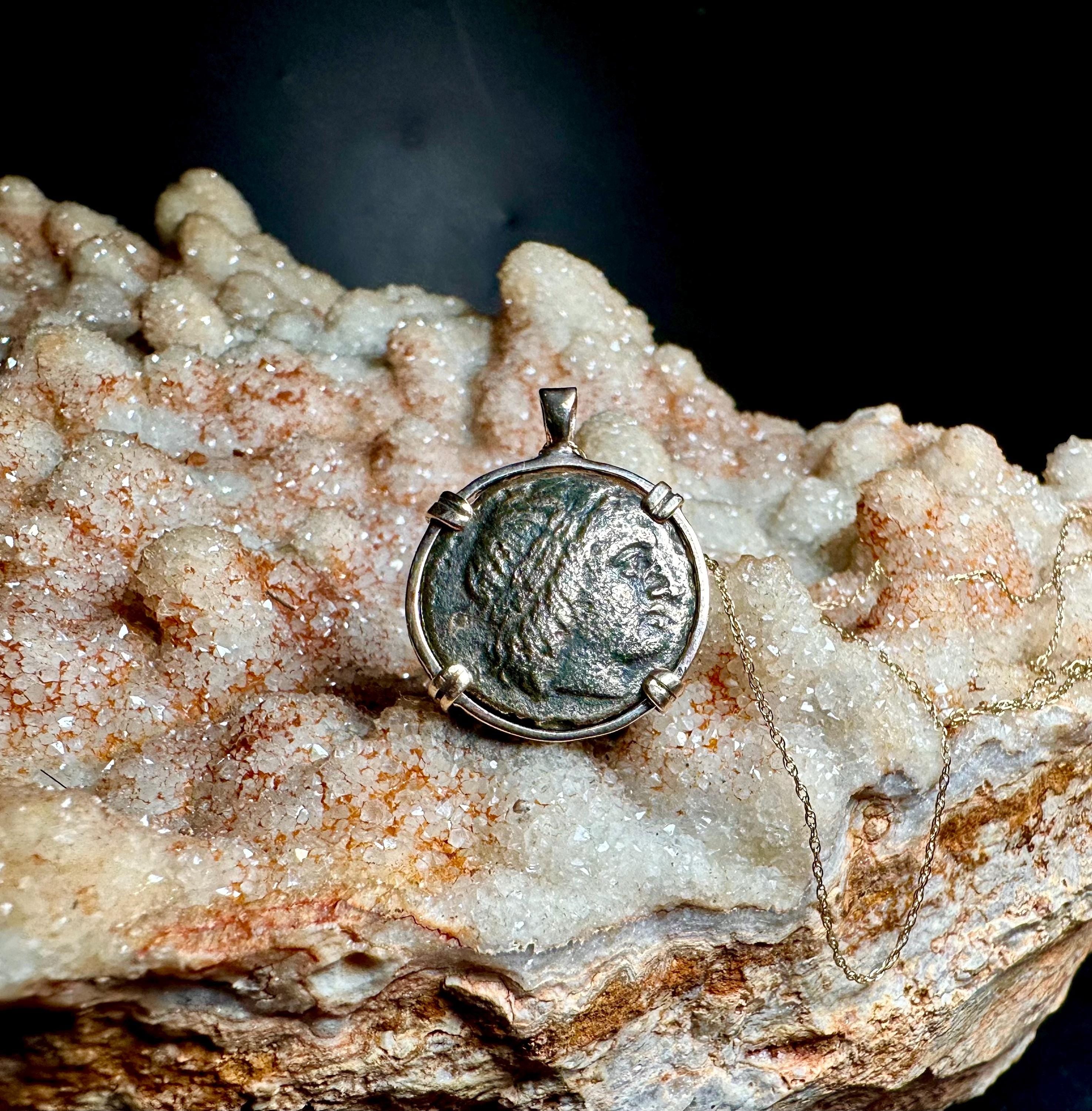Genuine 4th century BC Apollo and Lion coin in 14k yellow gold filled pendant