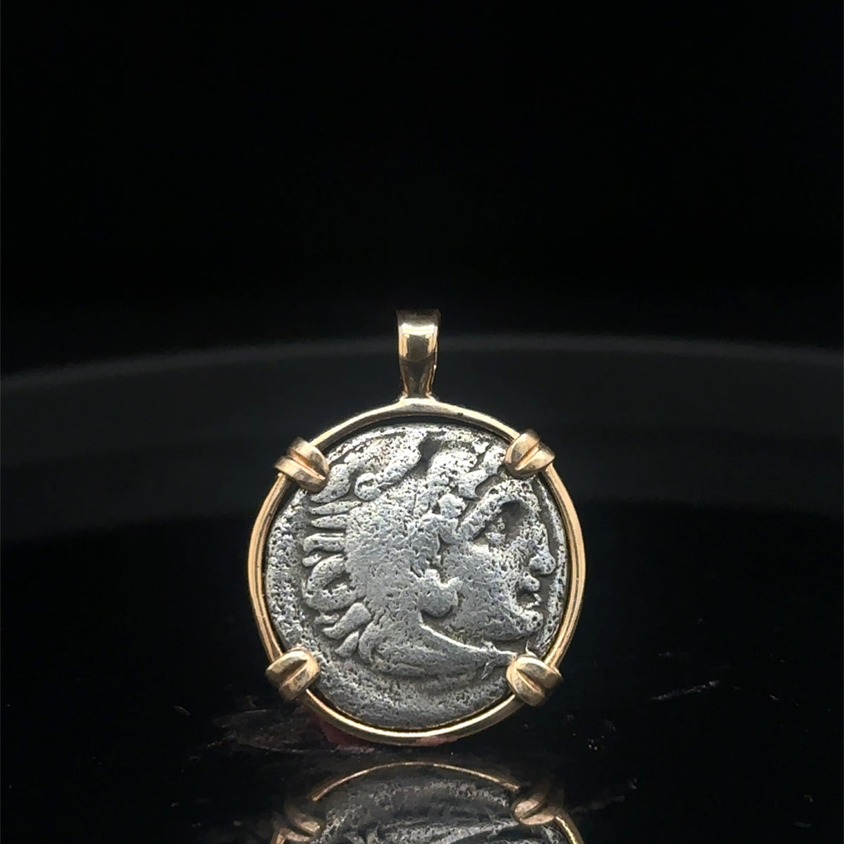 Ancient Greek Alexander The Great silver Drachm in 14k yellow gold filled pendant