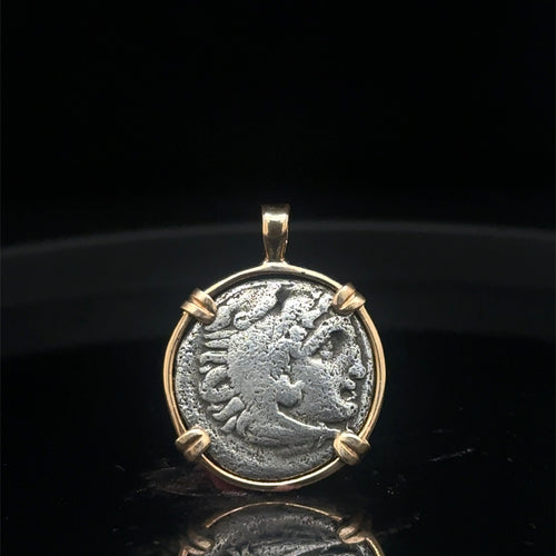 Ancient Greek Alexander The Great silver Drachm in 14k yellow gold filled pendant