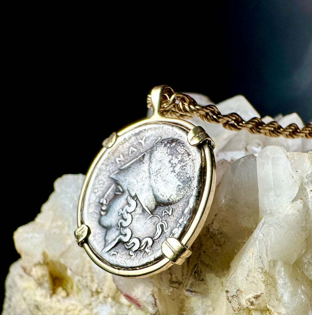 Ancient Greek Athena and Pegasus silver coin in Solid 14k yellow gold pendant