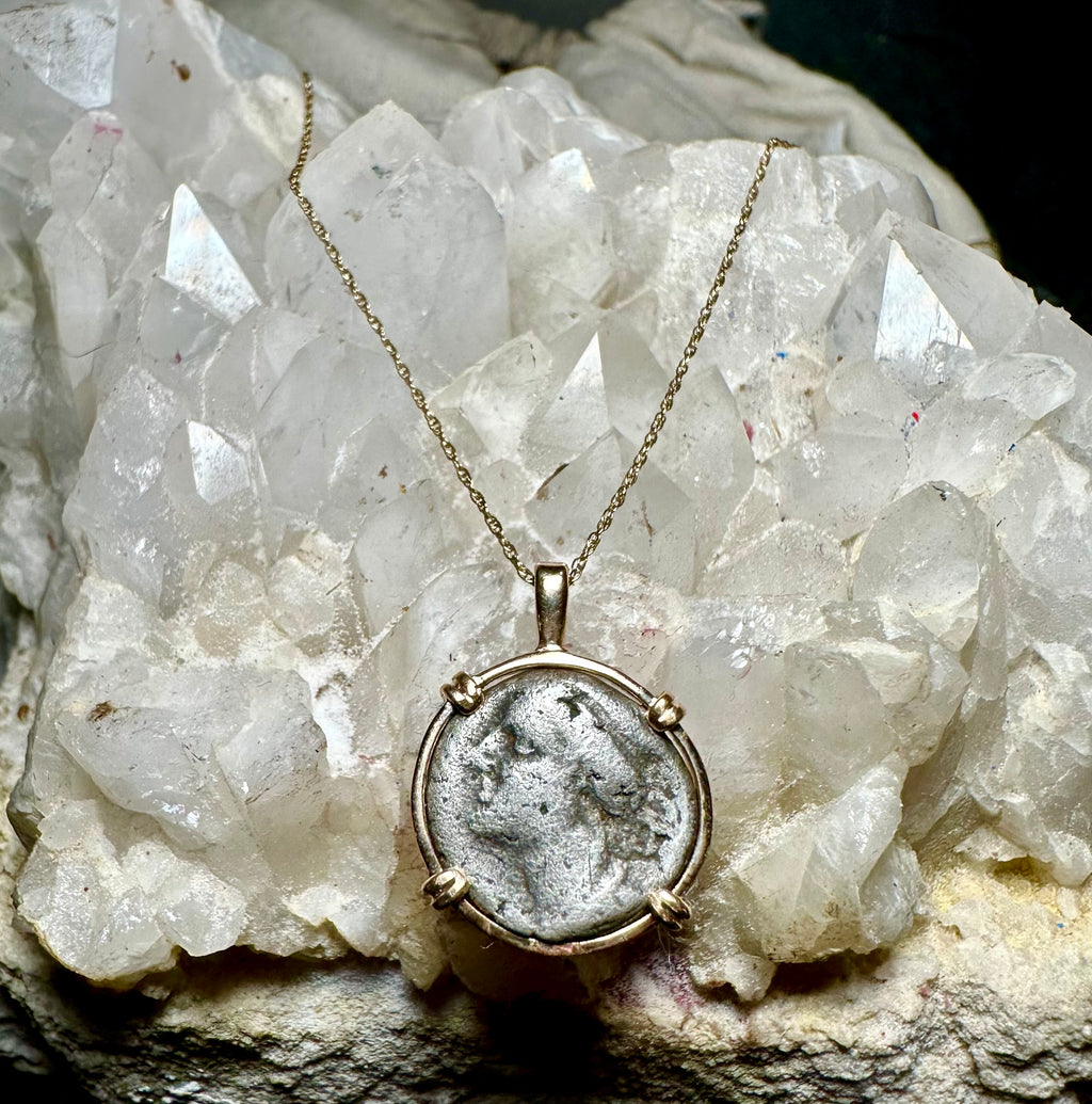 Ancient Greek Hera and Owl silver Drachm in 14k yellow gold filled pendant