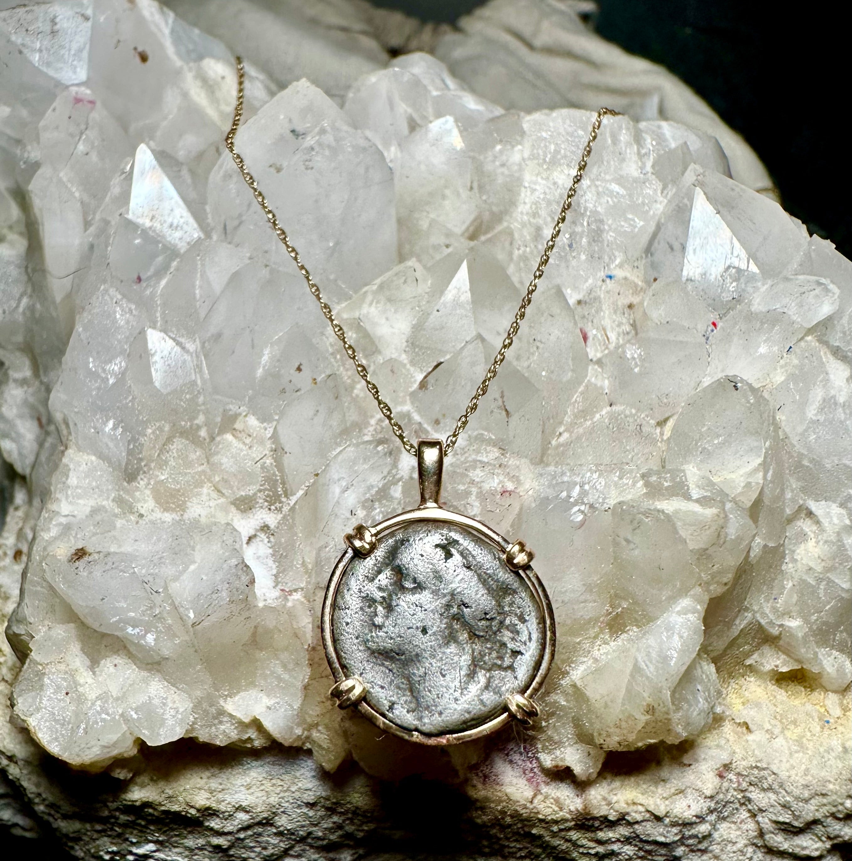 Ancient Greek Hera and Owl silver Drachm in 14k yellow gold filled pendant