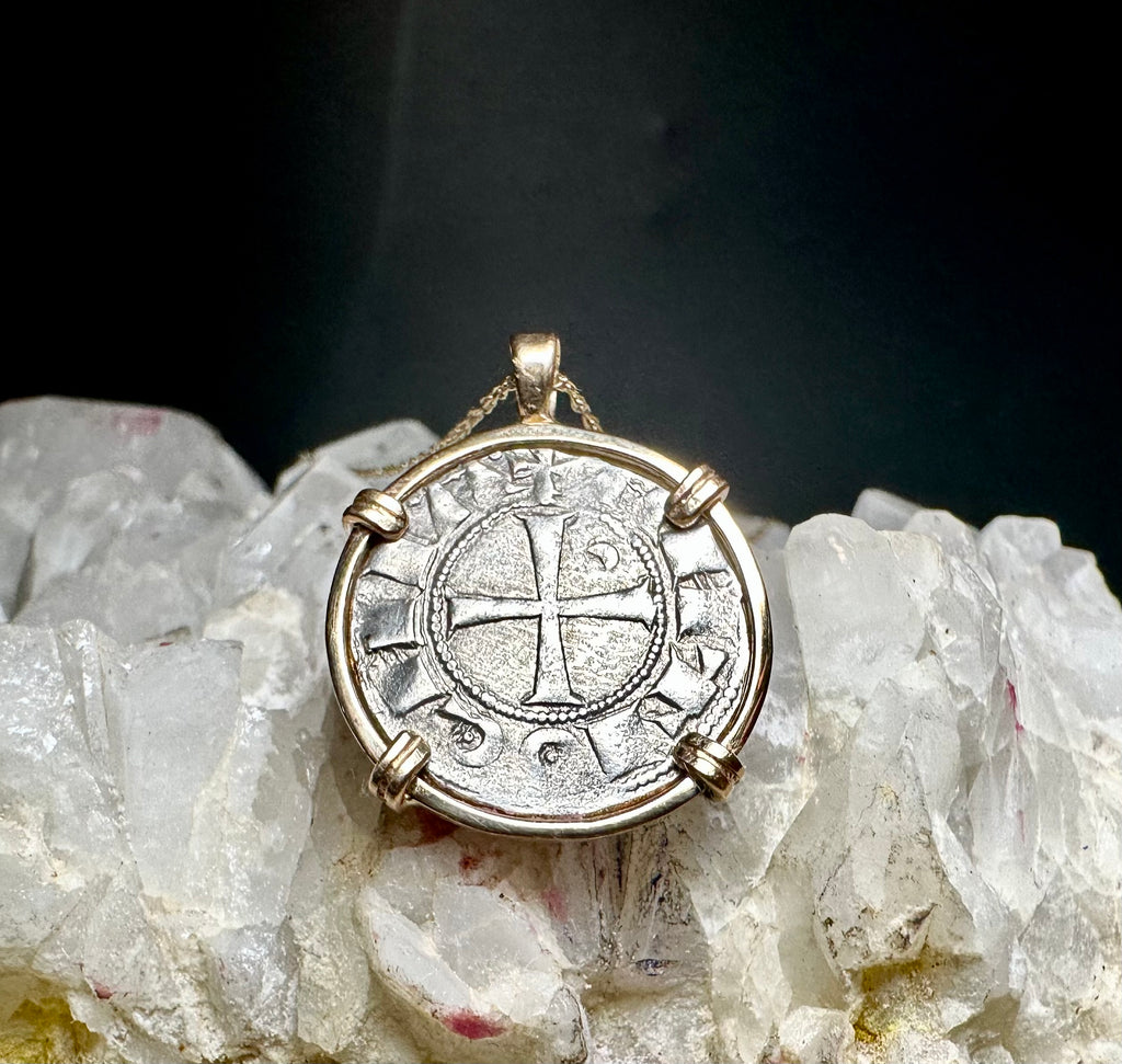 Medieval 12th century Templar Christian Crusader Coin in 14k yellow gold filled pendant