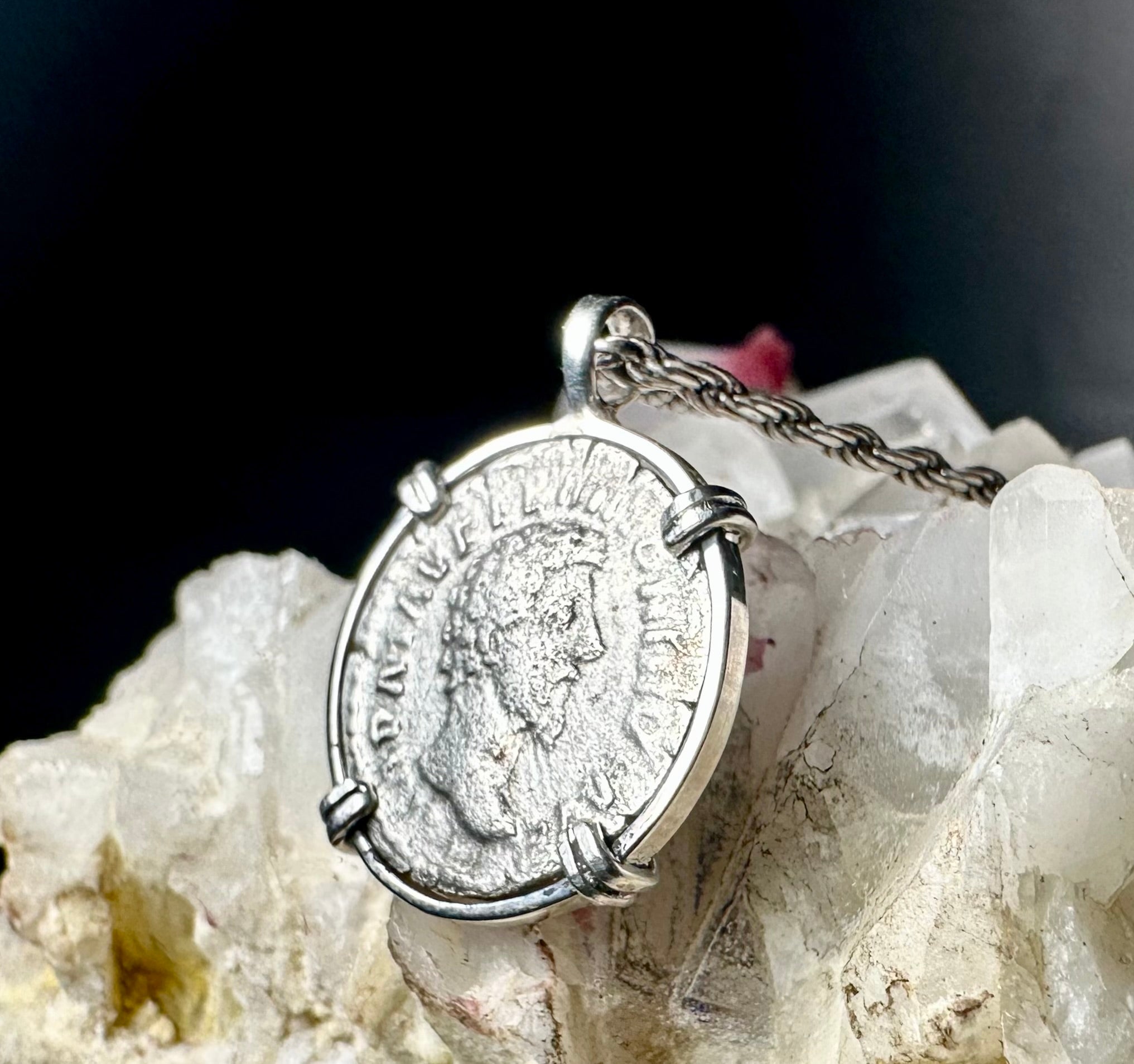Ancient Roman Empeor Marcus Aurelius silver denarius in sterling silver pendant