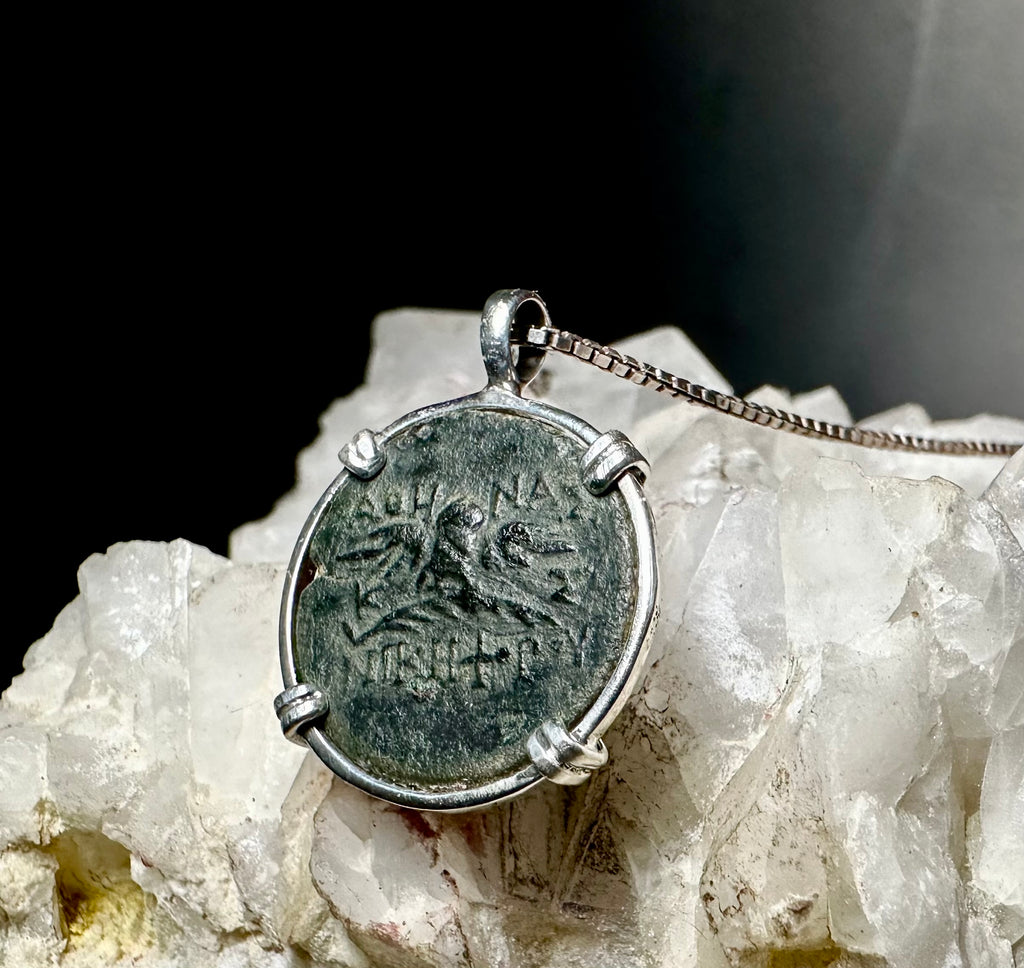 Ancient Greek Owl and Athena coin in sterling silver pendant