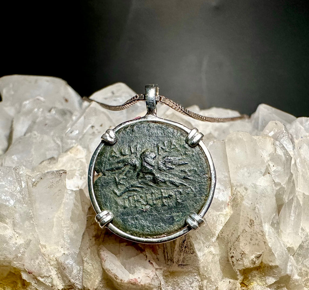 Ancient Greek Owl and Athena coin in sterling silver pendant