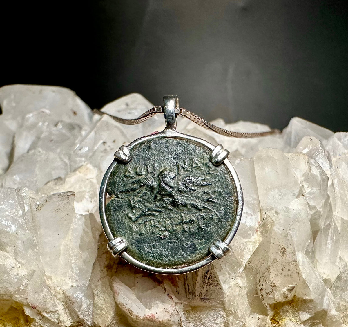 Ancient Greek Owl and Athena coin in sterling silver pendant