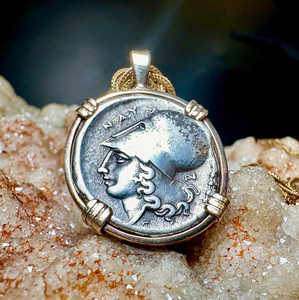 Genuine 350BC Ancient Greek Athena and Pegasus coin in 14k yg filled pendant