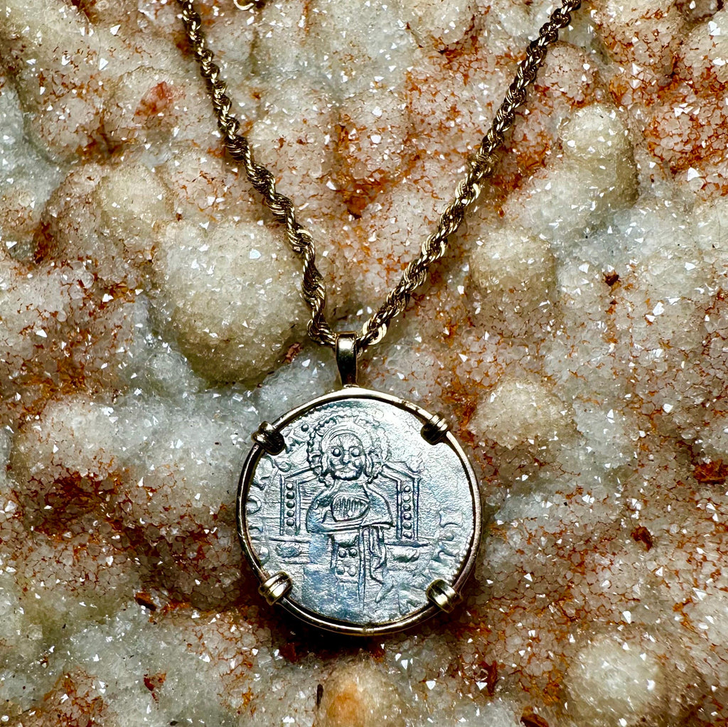 Genuine 14th Cent Jesus Christ and St Mark Coin in hand made 14k gold filled pendant