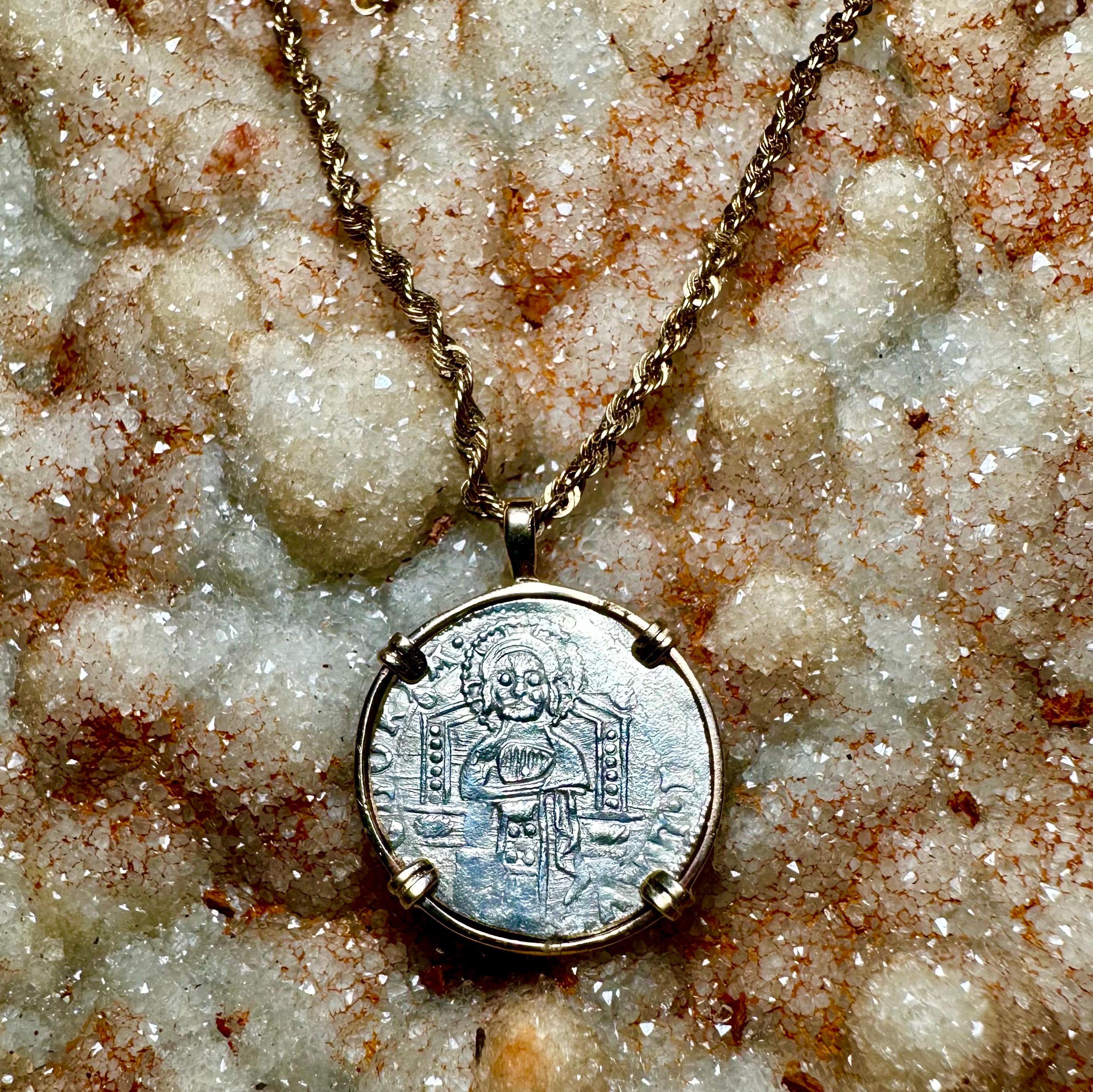 Genuine 14th Cent Jesus Christ and St Mark Coin in hand made 14k gold filled pendant