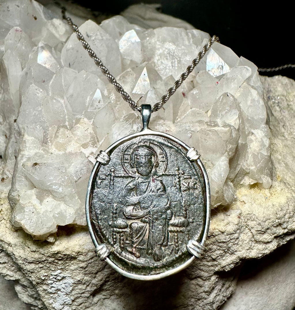 Ancient Byzantine Christ coin in sterling silver pendant “Christ king of Kings” inscription
