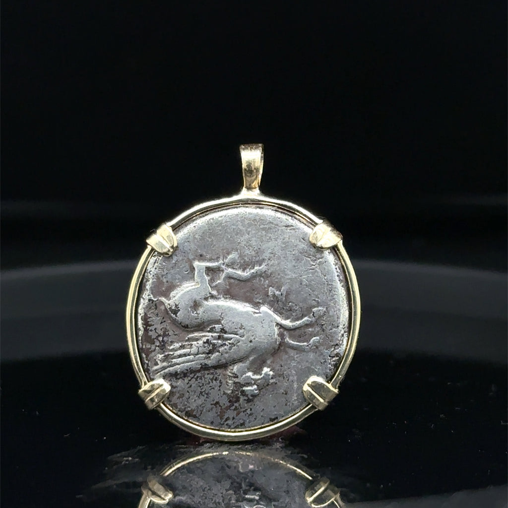 Ancient Greek Athena and Pegasus silver coin in Solid 14k yellow gold pendant