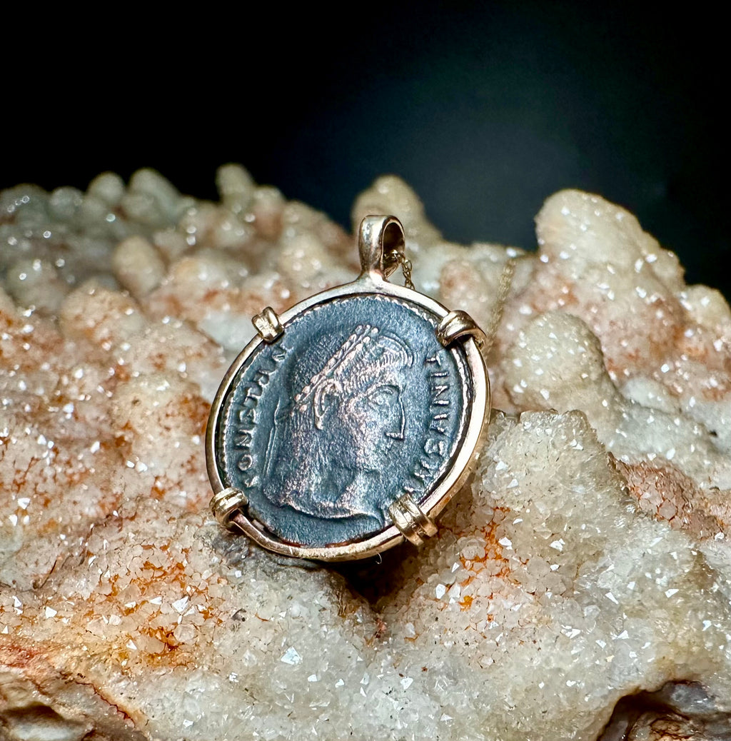 Ancient Roman Constantine The Great coin in 14k yellow gold filled pendant