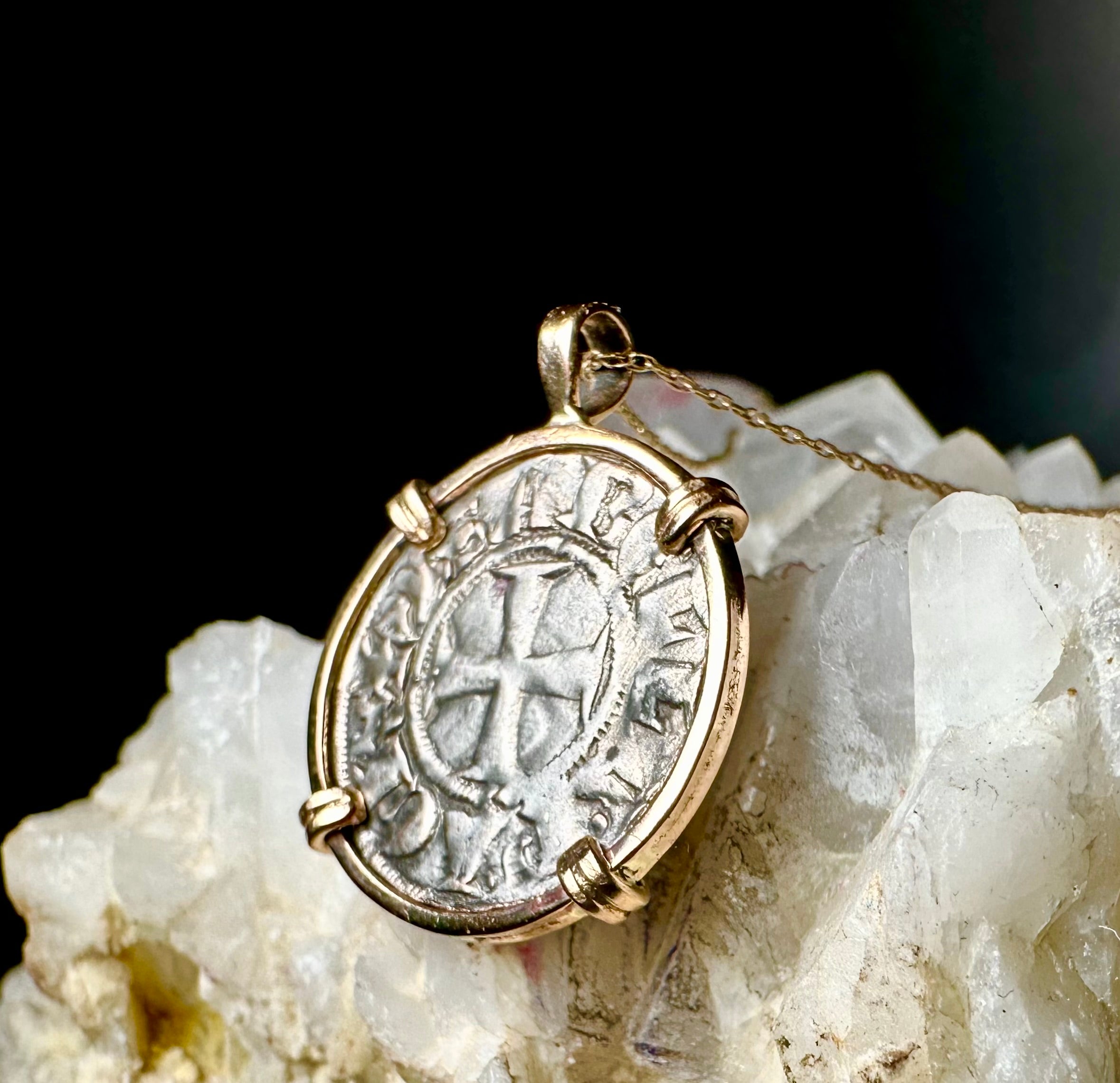Medieval 13th century Christian Crusader Coin in 14k yellow gold filled pendant