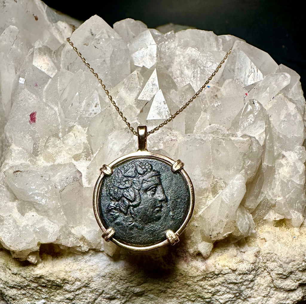 Ancient Greek god of wine, Dionysus coin in 14k yellow gold filled pendant