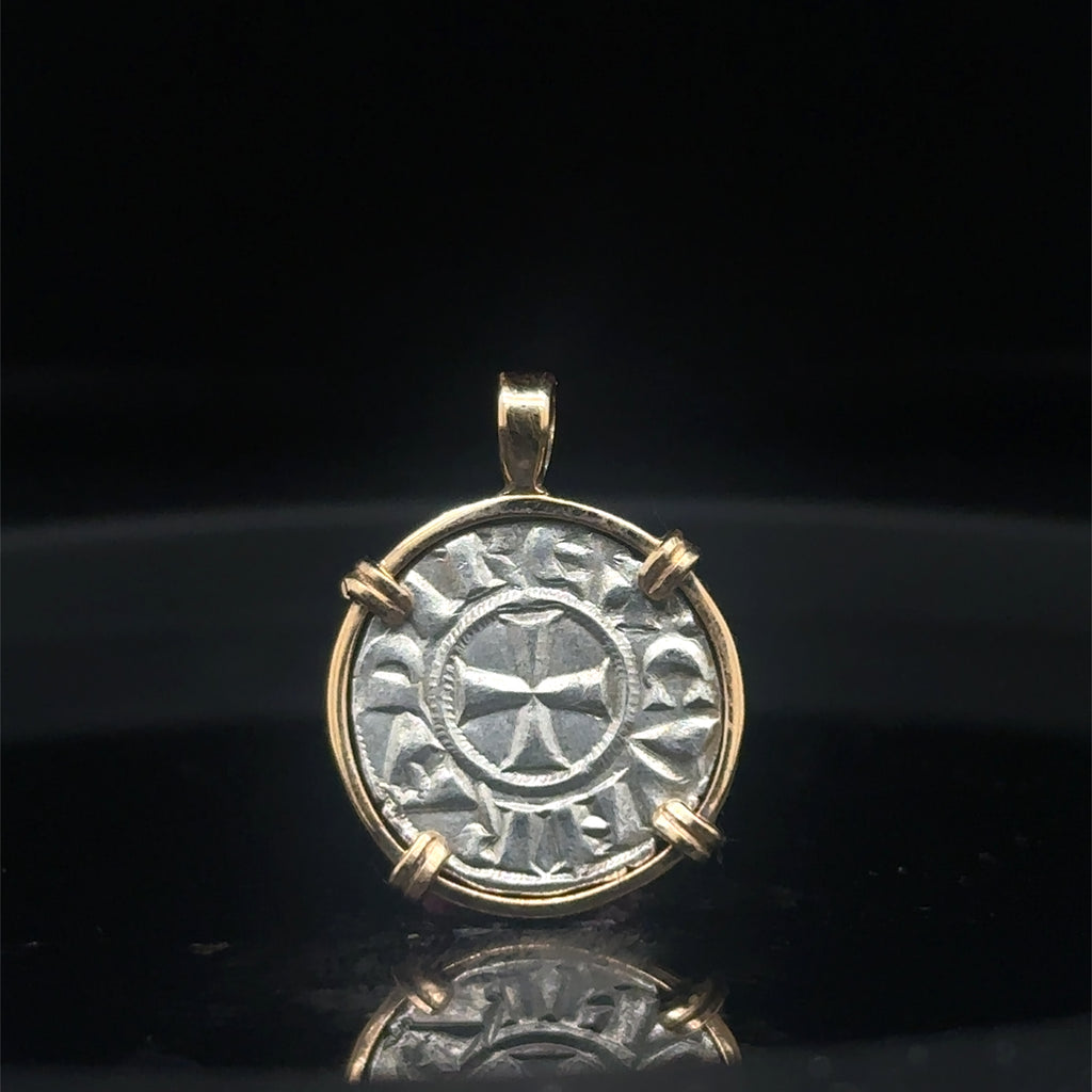 Medieval 13th century Italian Christian crusader coin in 14k yellow gold filled pendant