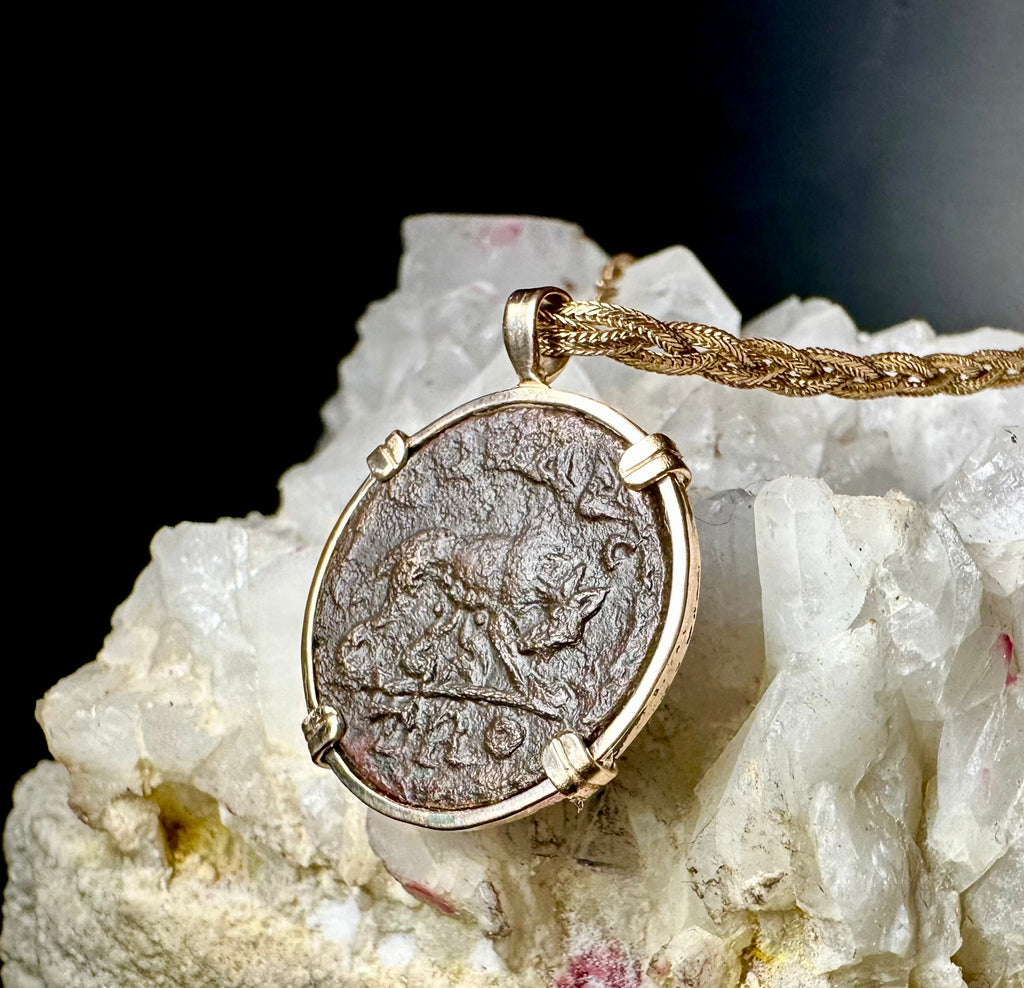 Ancient Roman 3rd century She Wolf Coin in 14k yellow gold filled pendant