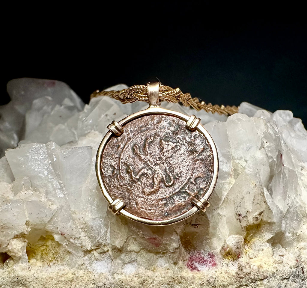 16th Century Christian Cross and Lion Vatican Coin in 14k Yellow Gold Filled Pendant