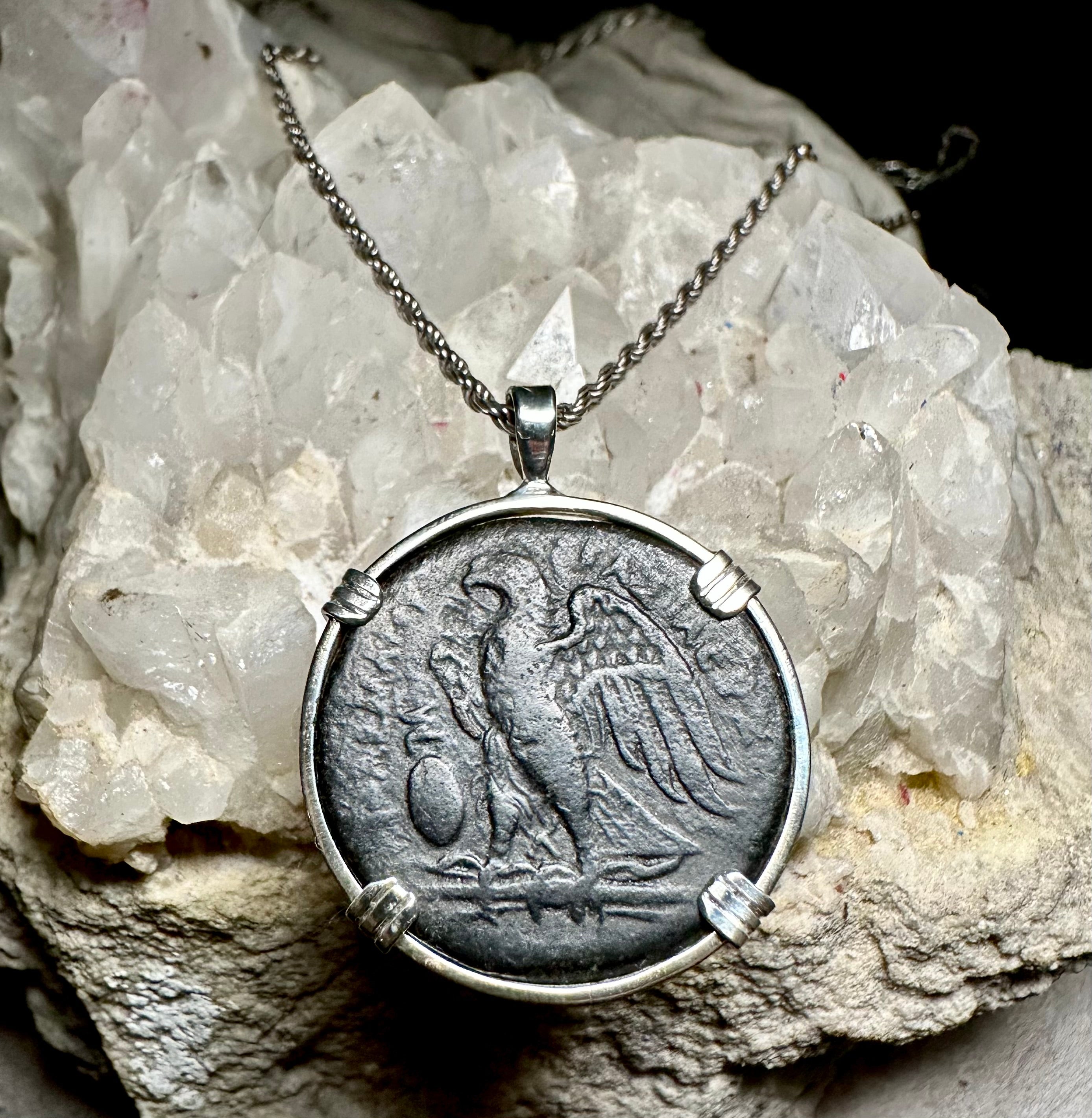 Ancient Egyptian Eagle and Zeus Ammon coin in sterling silver