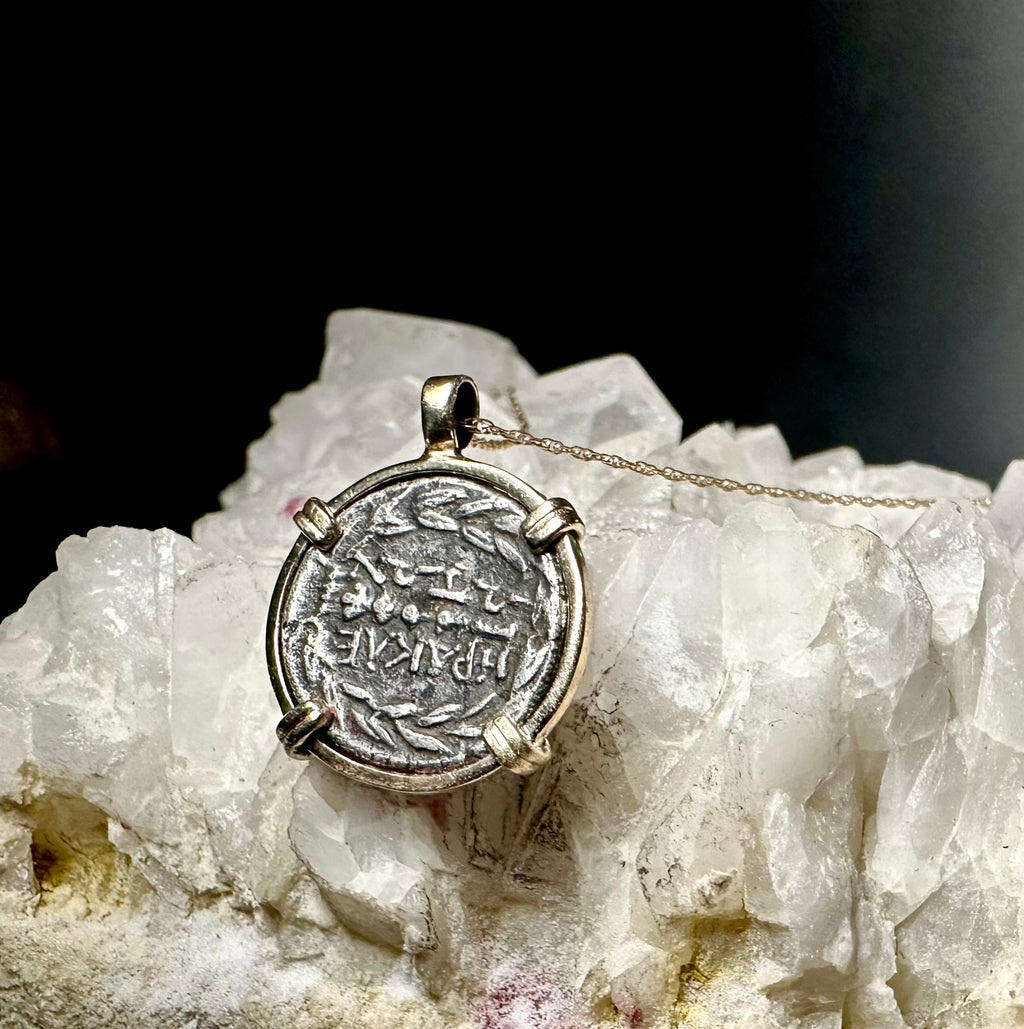 Ancient Greek Athena and Hercules silver coin in solid 14k yellow gold pendant