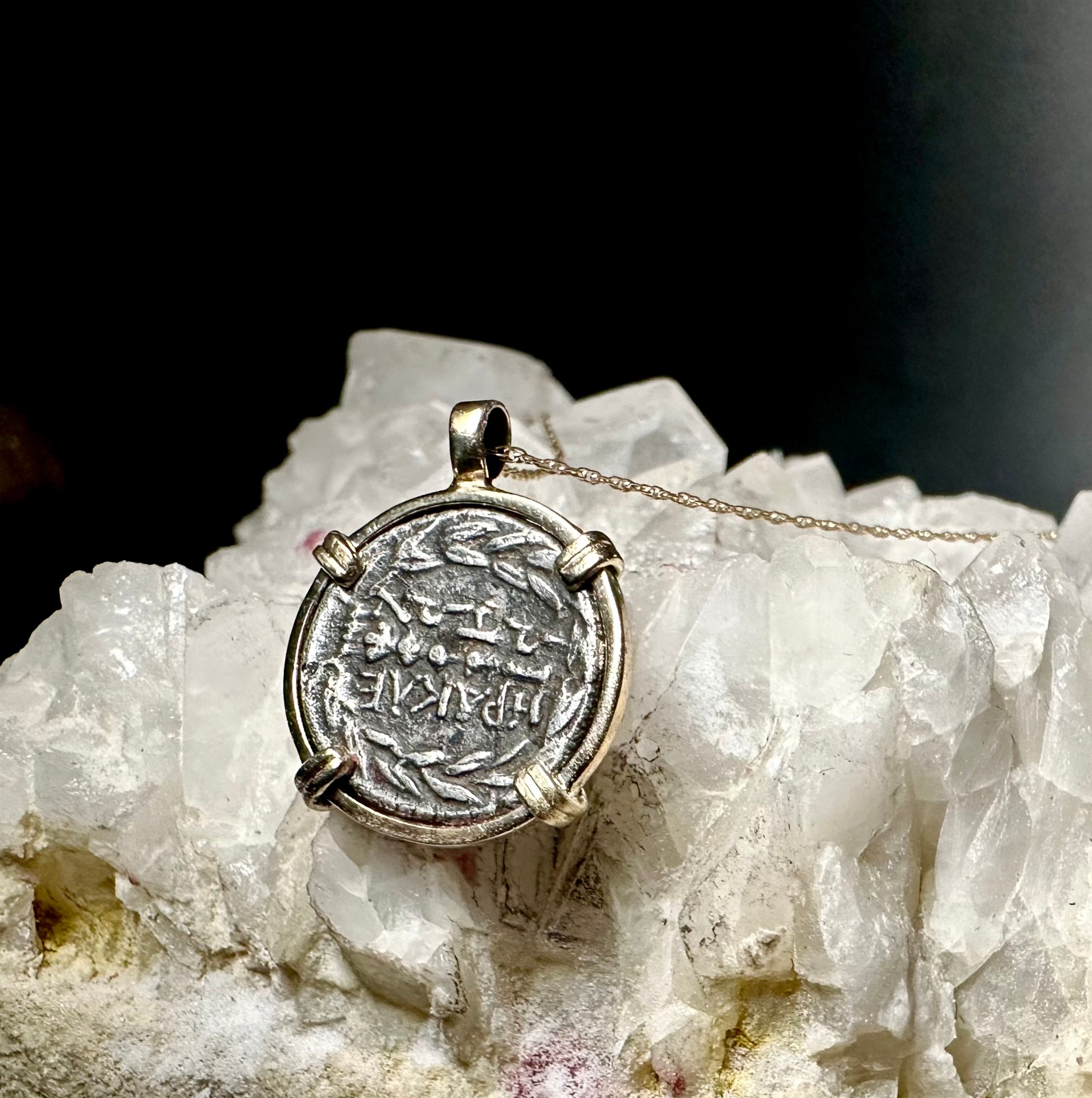 Ancient Greek Athena and Hercules silver coin in solid 14k yellow gold pendant
