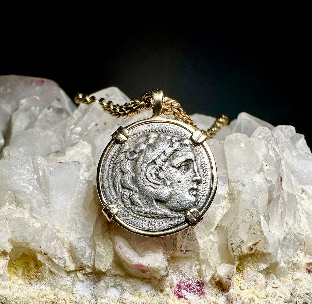 Alexander the Great Silver Drachm in Solid 14k Yellow Gold Pendant