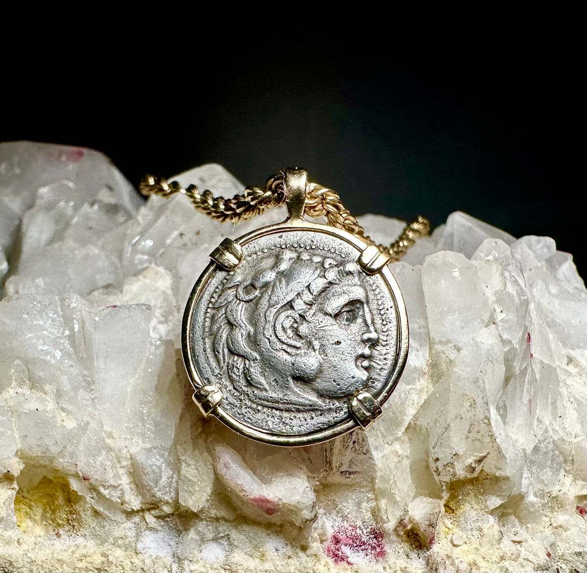 Alexander the Great Silver Drachm in Solid 14k Yellow Gold Pendant