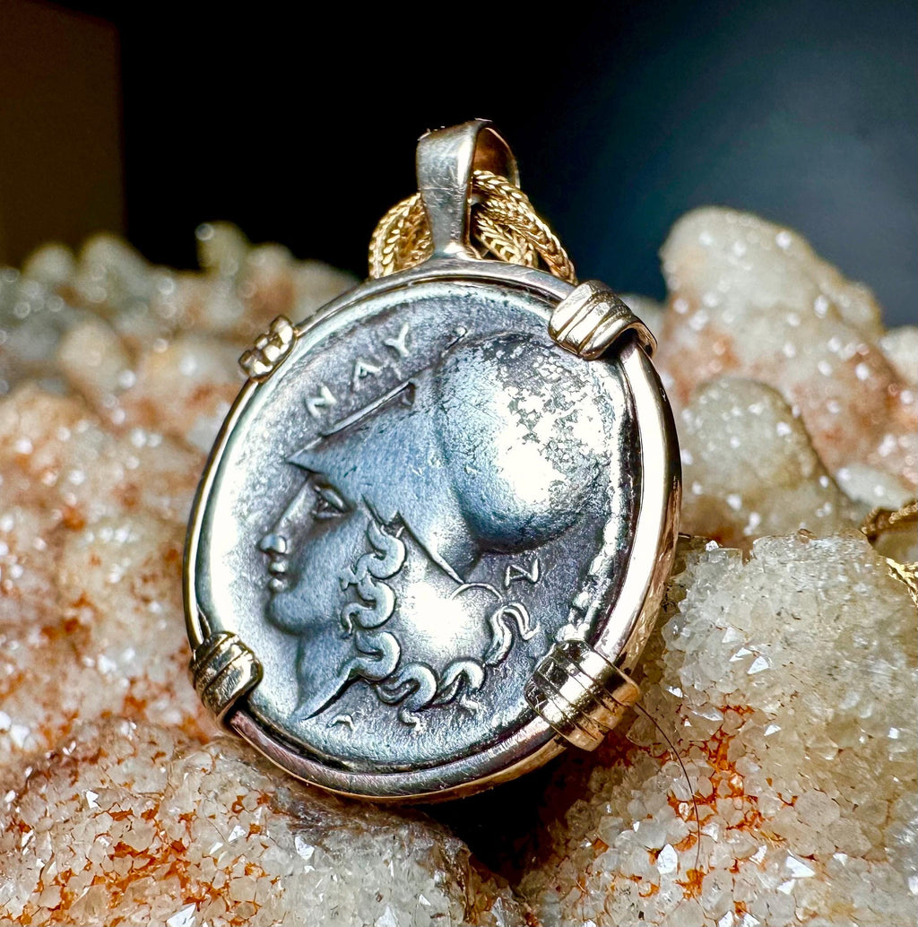 Genuine 350BC Ancient Greek Athena and Pegasus coin in 14k yg filled pendant